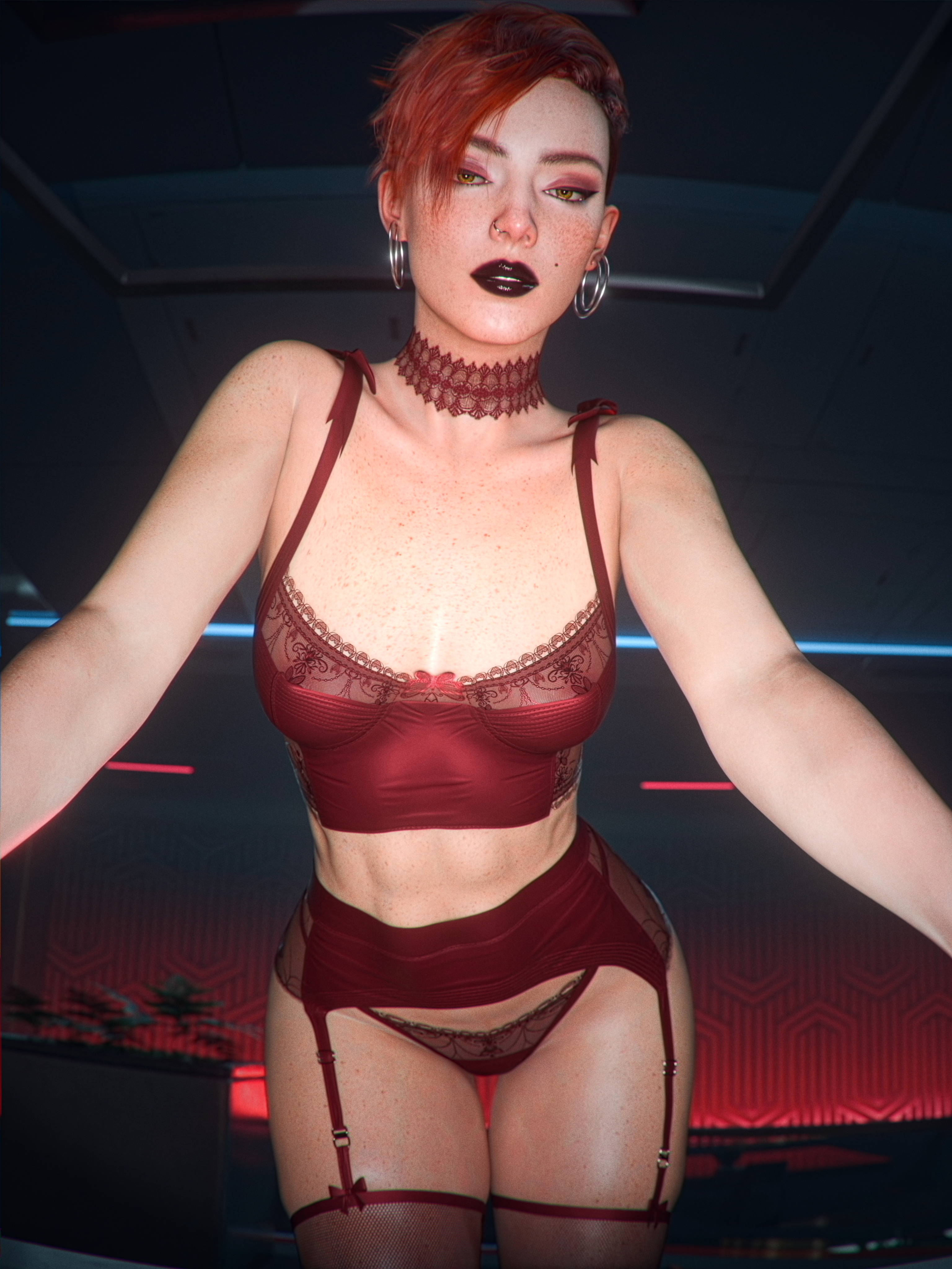 1girls, 3d, absurd res, absurdres, aurore cassel, black lipstick, breasts, cd projekt red, checkpik, choker, cyberpunk (series), cyberpunk 2077, earrings, female, female only, freckles, garter straps, hi res, highres, light skin, light-skinned female, lingerie, looking at viewer, red hair, red lingerie, rings, solo, solo female, standing, thighs, yellow eyes