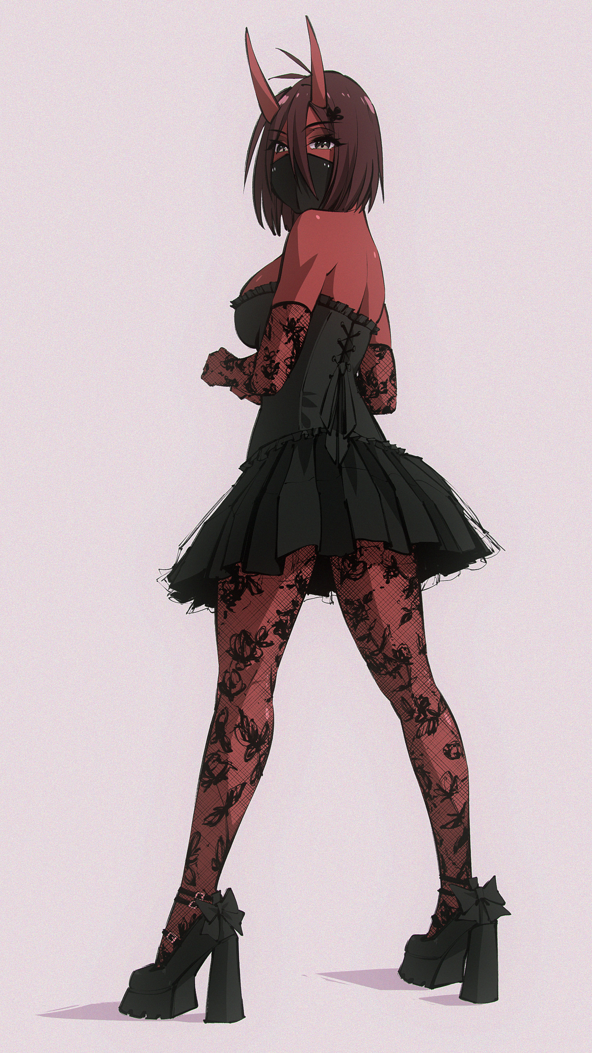 flou, flou (character), goth clothing, goth girl, goth makeup, large breasts, oni, oni female, oni horns, original, original character, red skin, tagme