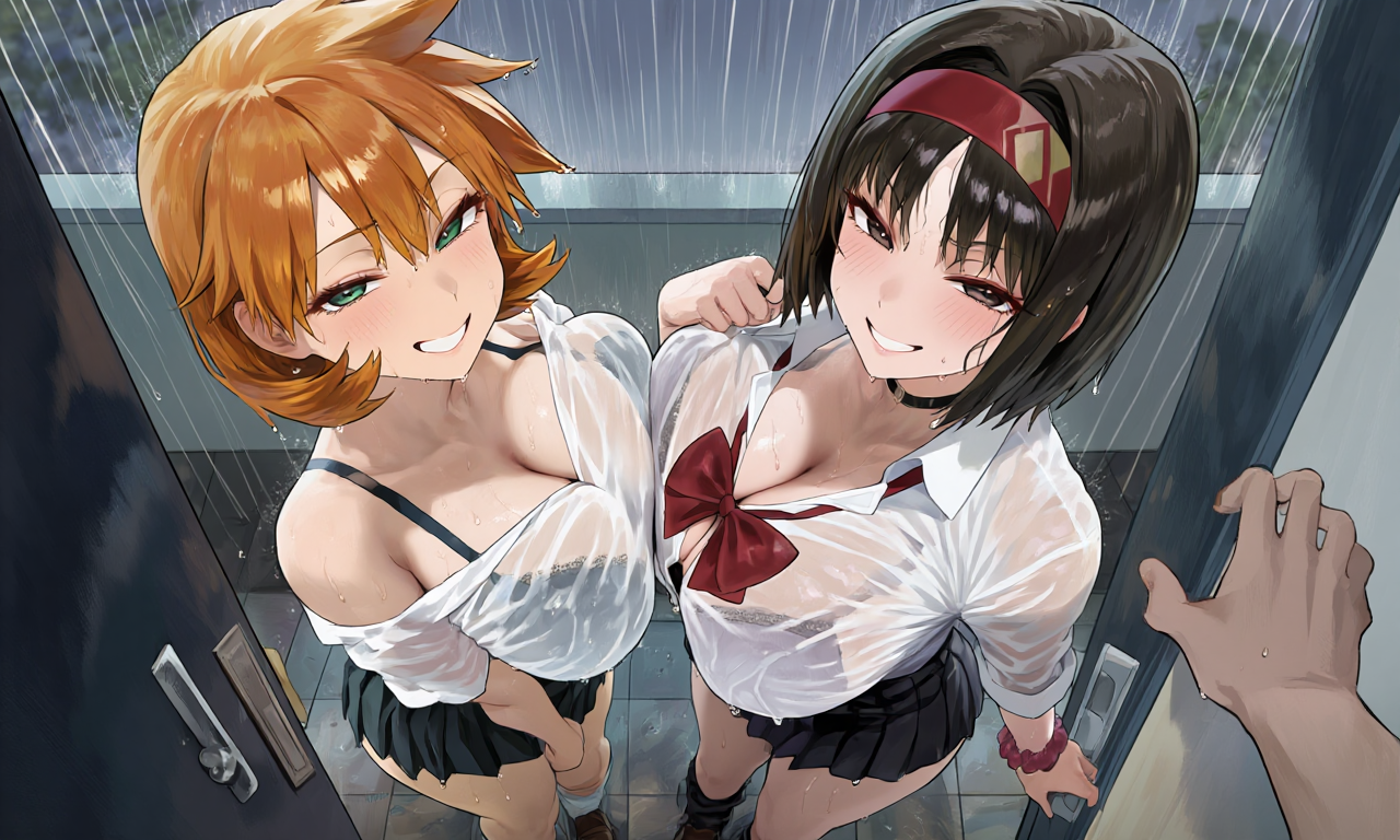 1boy, 2girls, ai generated, asymmetrical docking, bangs, bare shoulders, black bra, black choker, black clothes, black eyes, black hair, black skirt, black underwear, blush, bodily fluids, bow, bowtie, bra, bra visible through clothes, breast press, breast-to-breast, breasts, brown eyes, brown footwear, busty, choker, clavicle, cleavage, clothing, collared shirt, door, doorway, erika (pokemon), female, footwear, green eyes, grin, hairband, headwear, jewelry, kasumi (pokemon), landscape, large breasts, legwear, looking at viewer, male, miniskirt, misty (pokemon hgss), multiple girls, neckwear, off shoulder, open door, opening door, orange hair, outdoors, parted lips, pleated skirt, pokemon, pov doorway, pov hands, rain, red bow, red bowtie, red hairband, red neckwear, school uniform, scrunchie, see-through, see-through shirt, shirt, shoes, short hair, skirt, smile, socks, standing, sweat, symmetrical docking, teeth, thighs, underwear, uniform, water, wet, wet clothes, wet shirt, wet skirt, white legwear, white shirt, white socks, wrist scrunchie