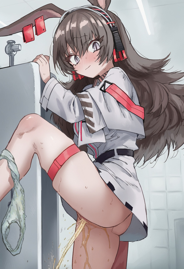 1girls, artist request, ass, blush, brown hair, character request, female, female using urinal, grey eyes, long hair, looking at viewer, panties around one leg, peeing, peeing in urinal, rabbit ears, solo, urinal