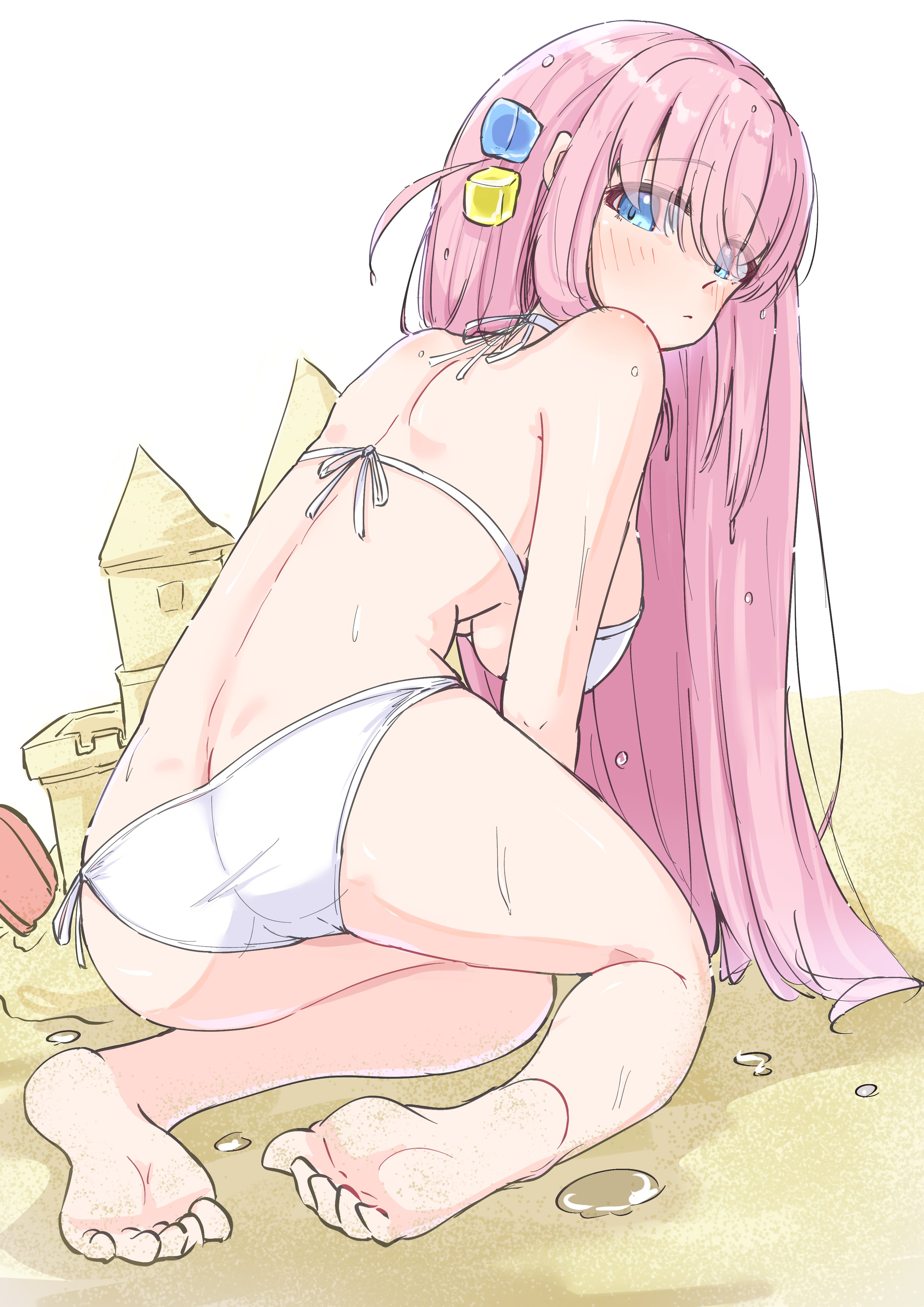 ass focus, beach, bikini, blush, bocchi the rock!, feet, from behind, gotoh hitori, large ass, large breasts, looking back, sand, sandcastle, shovel, soles, toes, white bikini