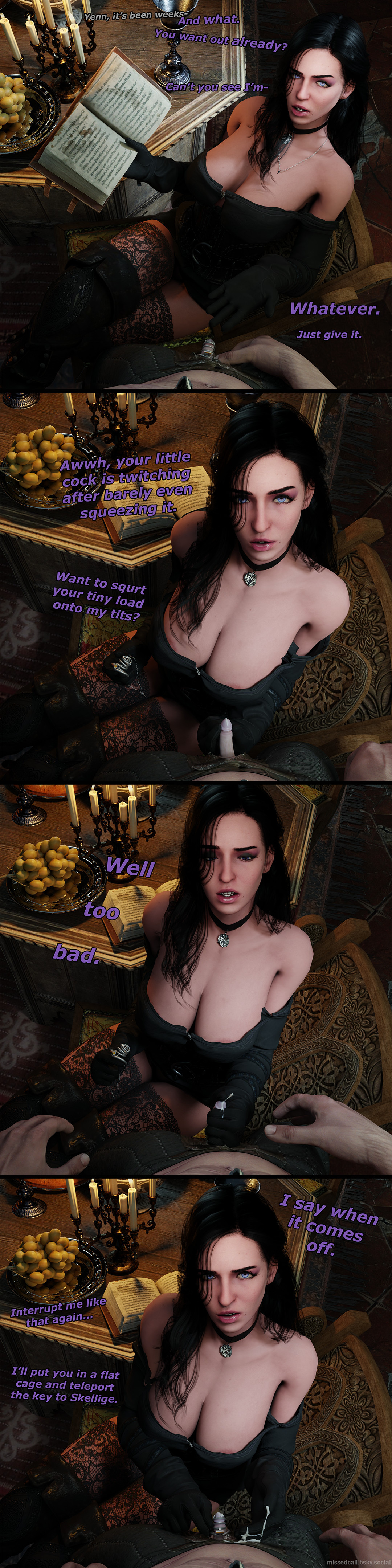 1boy, 1girl, 3d, big breasts, black gloves, black hair, breasts, cd projekt red, chastity cage, choker, clothing, cucked into chastity, cuckold, cuckold pov, cum, dialogue, dominant female, english text, female, geralt of rivia, gloved handjob, gloves, hand on penis, handjob, handjob with gloves, high heel boots, holding penis, light skin, light-skinned female, light-skinned male, looking at viewer, male, mascara, missed call, necklace, penis, penis grab, pov, premature ejaculation, purple eyes, small penis, stockings, submissive male, text, the witcher (series), the witcher 3: wild hunt, touching penis, yennefer