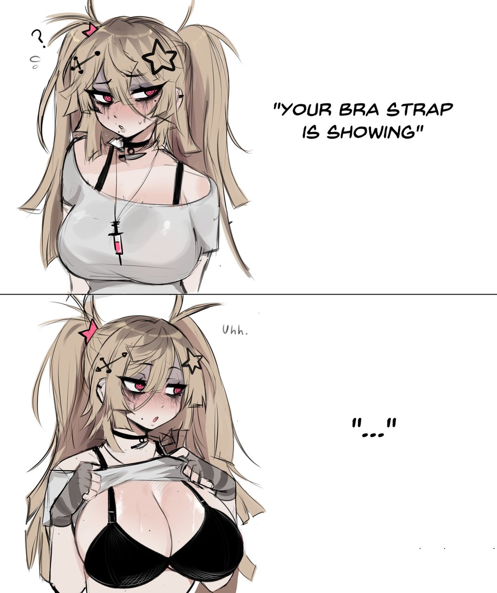 ... 1girls 2koma bare_shoulders black_bra black_hair blonde_female blonde_hair bra bra_strap_is_showing_(meme) breasts cleavage comic dokidomiki emo english_text female large_breasts light-skinned_female meme miki_(dokidomiki) original original_character shirt shirt_lift shirt_lifted_by_self short_hair simple_background solo solo_female strap_bra white_background your_bra_strap_is_showing_(meme)