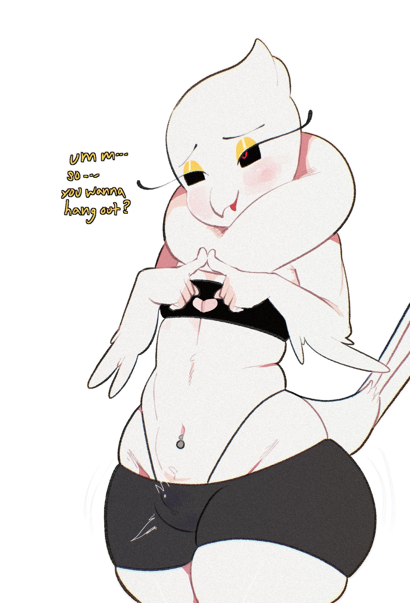 1boy, anthro, avian, bird, blush, bulge, burd (meweeze), dialogue, embarassed, feathers, femboy, gay, girly, heart-shaped pupils, male, meweeze, shorts, solo, text, thick thighs, wide hips