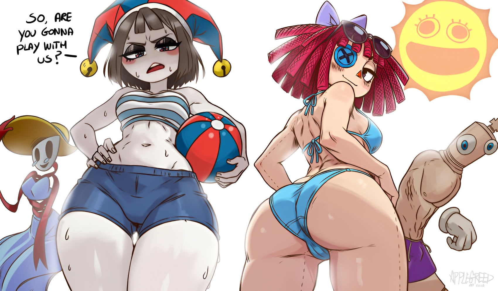 angry face, ass, big ass, bikini, bikini bottom, bikini top, breasts, female focus, gangle (beach outfit), gangle (tadc), gangle (the amazing digital circus), glitch productions, gooseworx, holding beach ball, holding beachball, huge ass, jester girl, kinger, kinger (tadc), kinger (the amazing digital circus), mad, pomni (beach outfit), pomni (the amazing digital circus), ragatha, ragatha (beach outfit), ragatha (the amazing digital circus), the amazing digital circus, wide hips