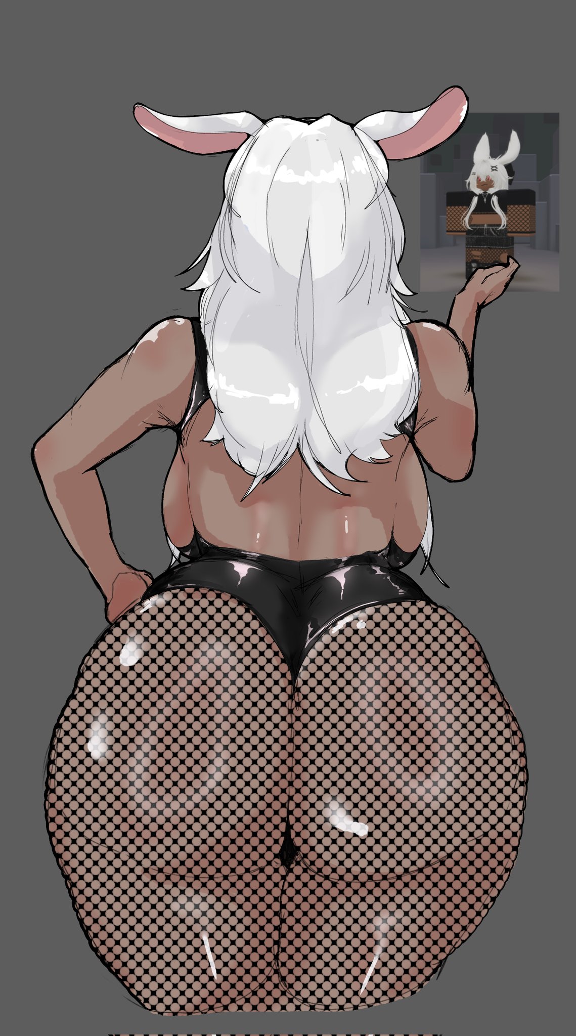 1female, 1girl, 1girls, 1woman, 2d, 2d (artwork), 2d artwork, ass, ass focus, background, behind view, big ass, big butt, bunny ears, bunny girl, butt, butt focus, dark skin, dark skinned female, dark-skin, dark-skinned female, digital drawing (artwork), digital media, digital media (artwork), drawing, drawn, fat ass, fat butt, female, female only, hair, huge ass, huge butt, jpeg, jpg, rabbit ears, rabbit girl, roblox, roblox avatar, robloxian, sharkgirlslover, simple background, white hair