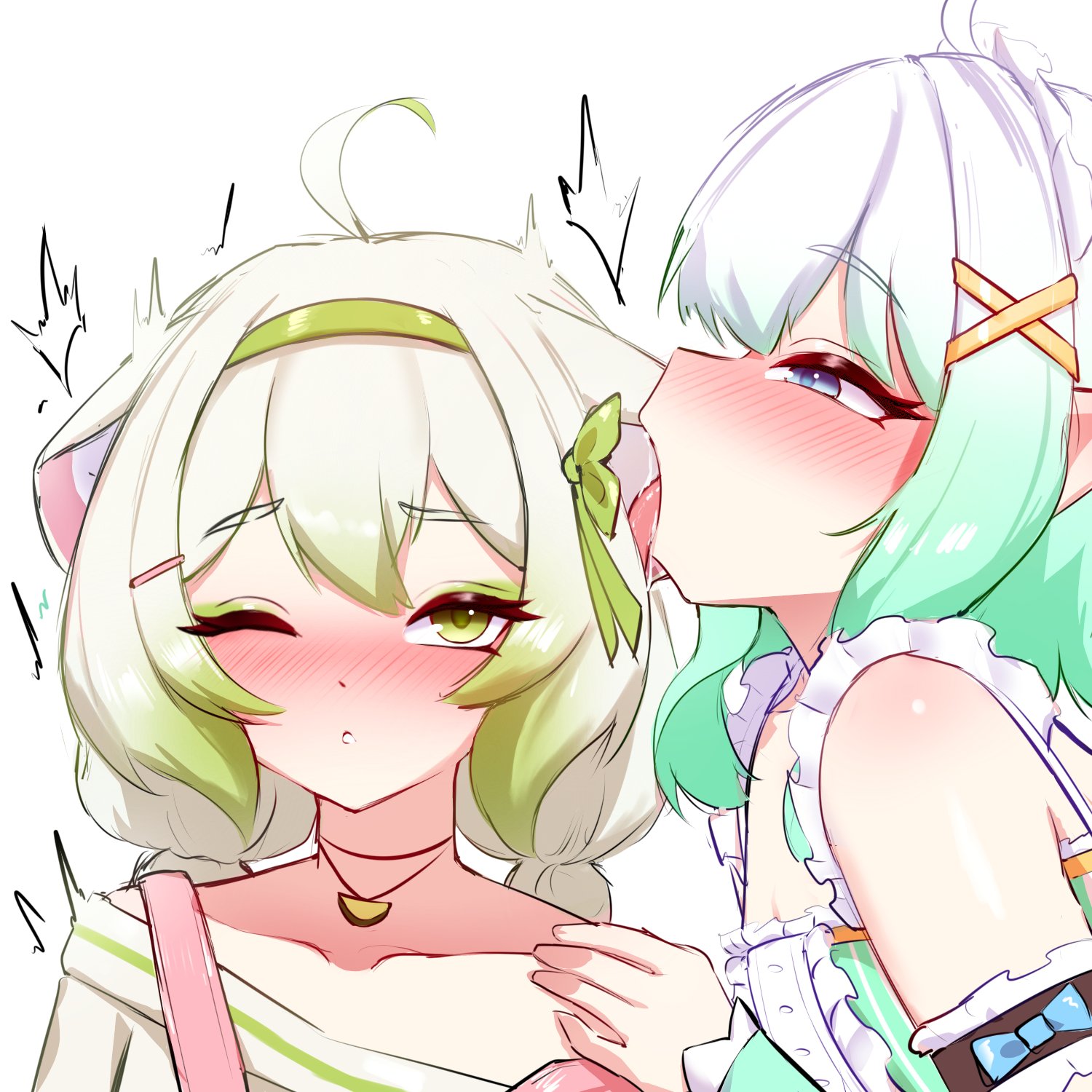 2girls, ahoge, animal ears, aroused, blue eyes, braid, cgator, collarbone, densetsu.exe, dress, ear licking, ears, female, ferret ears, ferret girl, green dress, green eyes, green hair, green hairband, hairband, highres, indie virtual youtuber, laimu, laimu (2nd costume), laimu (comfy overalls), lesbian, licking, long hair, mint fantome, multiple girls, one eye closed, open mouth, simple background, tongue, tongue out, twin braids, virtual youtuber, vtuber, white background, white hair, yuri