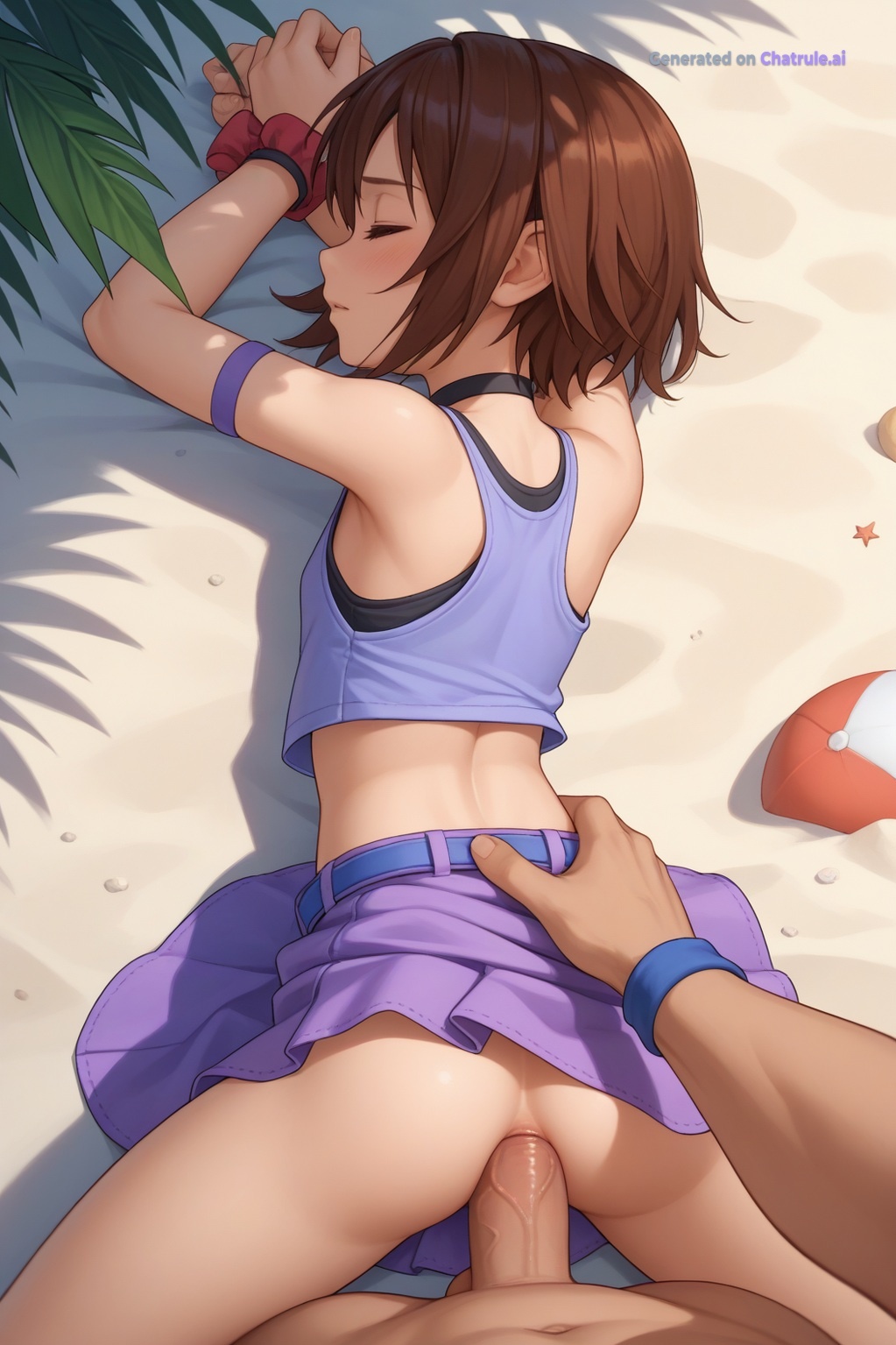 1girl, ai assisted, ai generated, anal, anal sex, arms held behind back, arms pulled back, asleep, beach, belt, blue eyes, blushing, brown hair, choker, cute, doggystyle, embarrassed, eyes closed, flat chest, hands behind head, hypno, kairi, kingdom hearts, outdoors, passed out, perky tits, prone bone, rough sex, short hair, skirt, sleeping, tank top, thick cock, wrist band
