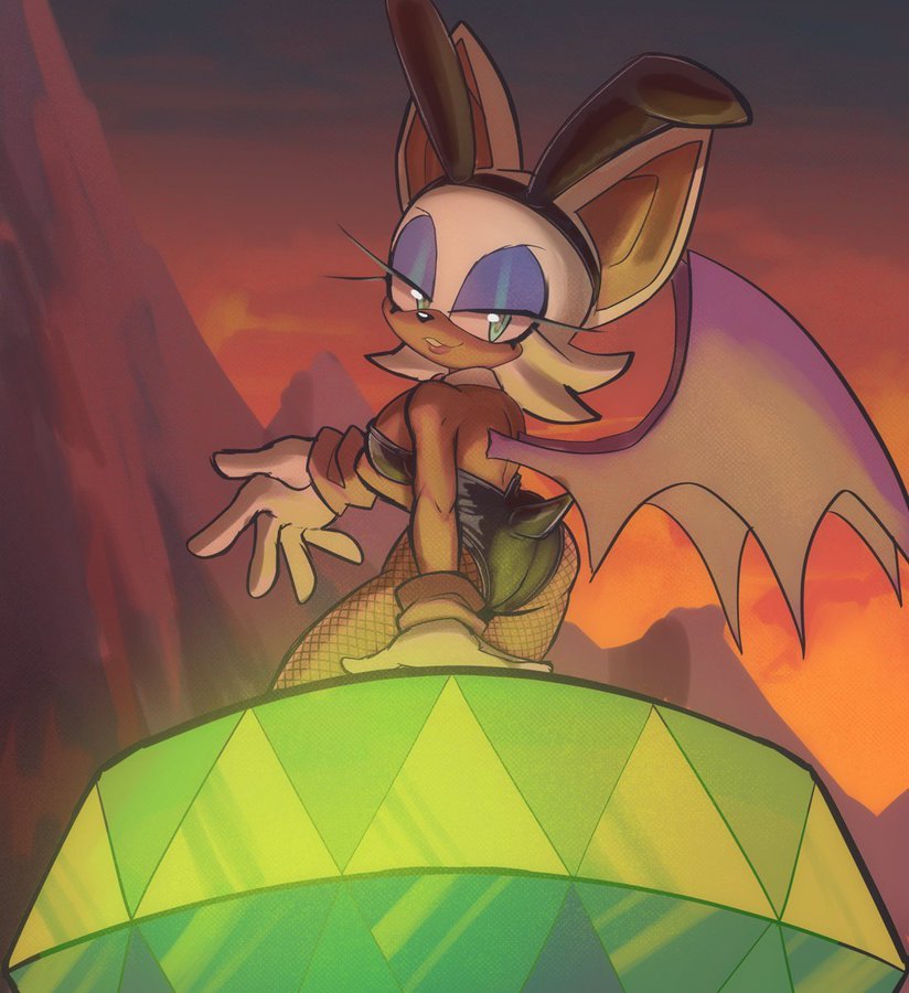 1girls, anthro, arched back, ass focus, bat, bat ears, bat wings, bedroom eyes, big ass, big breasts, bunny girl, bunnysuit, dark skin, dark-skinned female, eyeliner, fake animal ears, fishnets, fuck me eyes, gemstone, glowing object, green eyes, karl0, lidded eyes, lips, looking at viewer, looking back, master emerald, mountain, mountainous horizon, pinup, rouge the bat, seductive look, sega, solo, sonic (series), sonic the hedgehog (series), sultry eyes, tan body, white hair