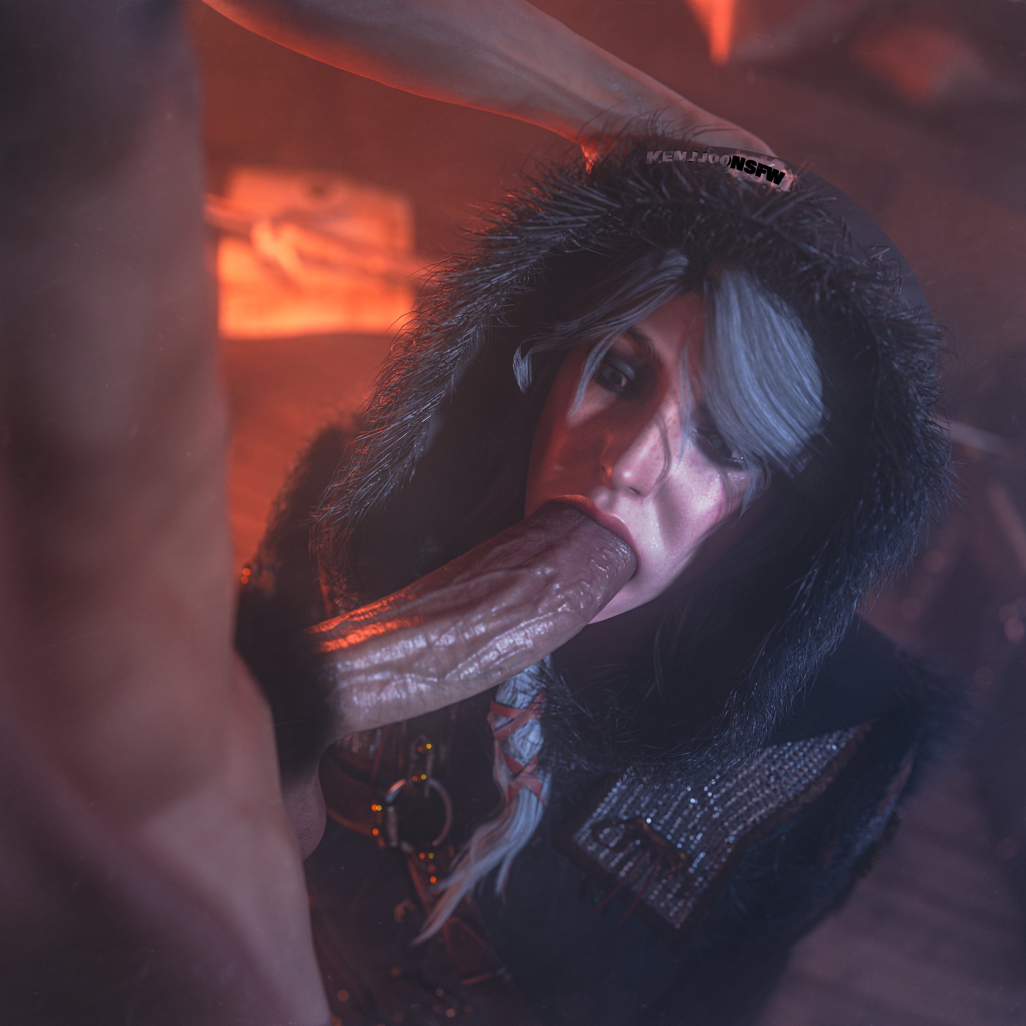 1boy, 1boy1girl, 1boy1girls, 1boys, 1girl, 1girls, 1girls1boy, 3d, 3d (artwork), big penis, blender, blender (artwork), blender (software), blender cycles, blowjob, braid, cd projekt red, ciri, fellatio, female, fit, fit female, fit male, freckles, freckles on face, green eyes, head grab, hood, kenjjoo, light skin, light-skinned female, light-skinned male, looking at penis, male, mascara, oral, oral penetration, oral sex, penis, pubes, pubes exposed, pubic hair, scar, sucking penis, the witcher (series), the witcher 4, veiny penis, wet, wet body, wet penis, wet skin, white hair