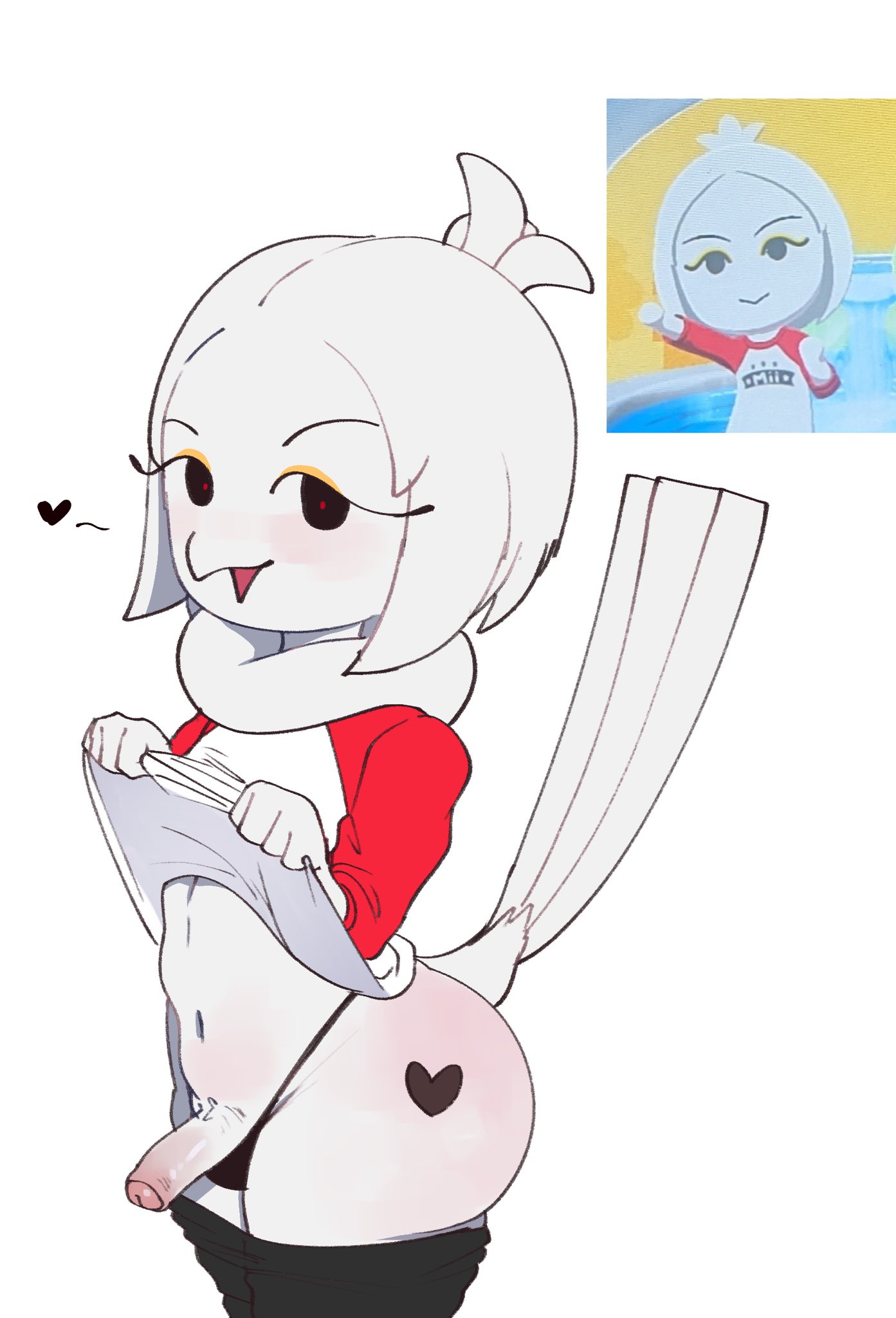 1boy, anthro, avian, bird, burd (meweeze), feathers, femboy, girly, heart, looking at viewer, male, meweeze, mii, nintendo, penis, solo, thick thighs, tomodachi life, tomodachi life: living the dream