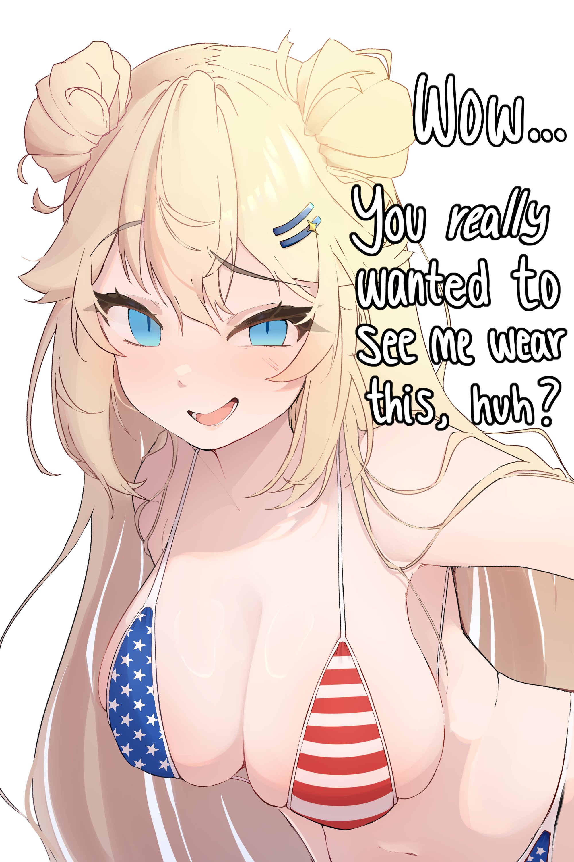 1girls, absurdres, american flag, american flag bikini, american flag print, bare shoulders, bikini, black bikini, blonde hair, blue eyes, breasts, cleavage, double bun, female, flag print, flag print bikini, hair bun, hair ornament, hairclip, highres, kaneko lumi, large breasts, looking at viewer, matoi miia, open mouth, phase connect, print bikini, sideboob, skindentation, star (symbol), stomach, striped clothes, swimsuit, tits, virtual youtuber, vtuber persona