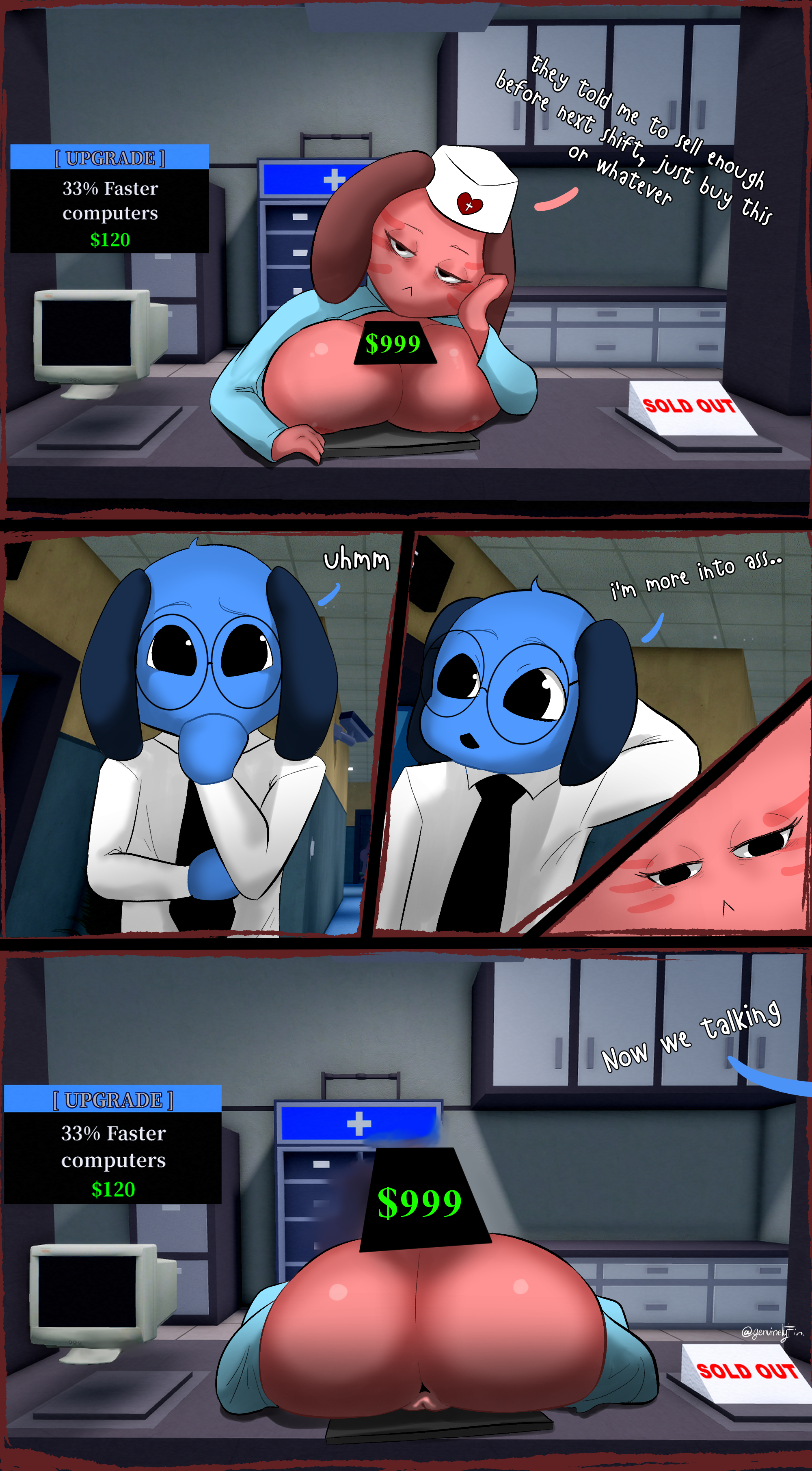 1boy, 1girls, animal hospital, ass, ass focus, big ass, big breasts, blue body, computer, female, furry, genuinelyfin, nurse, nurse (animal hospital), nurse cap, nurse uniform, pink body, roblox, roblox game, secretary (animal hospital), self upload, tagme