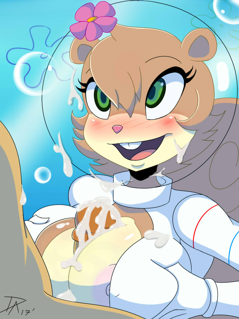 anthro, big breasts, blush, boob window, boobjob, boobs, boobs out, cum, female, human on anthro, imminent oral, imminent sex, looking pleasured, male, sandy cheeks, spongebob squarepants, underwater, wet