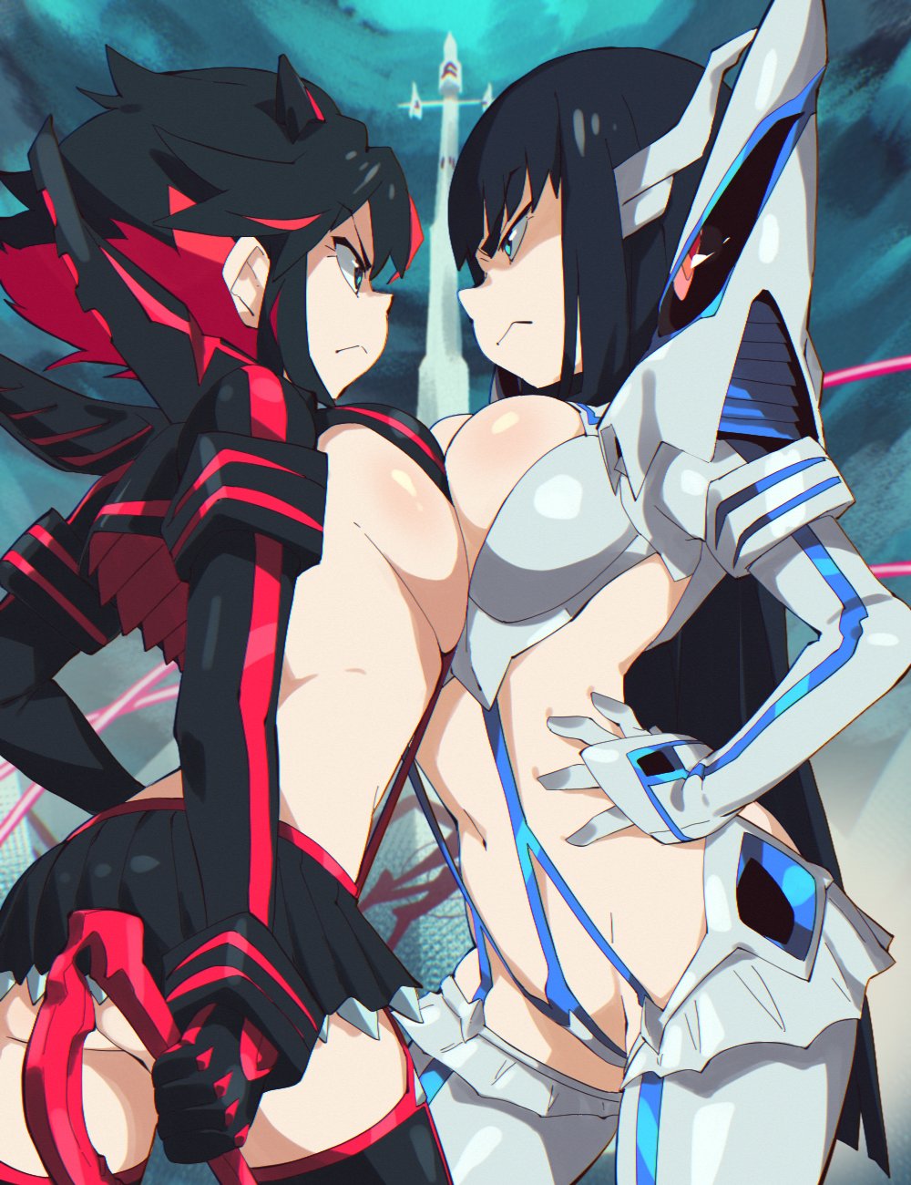 2girls aetherion_art black_dress black_hair breast_press breasts breasts_to_breasts catfight competitive dress face-to-face female female_only highres huge_breasts junketsu kill_la_kill kiryuuin_satsuki large_breasts long_hair matoi_ryuuko multicolored_hair multiple_girls outdoors red_hair school_uniform senketsu serafuku sexfight short_hair sibling_rivalry sisters staredown tomboy two-tone_hair yuri