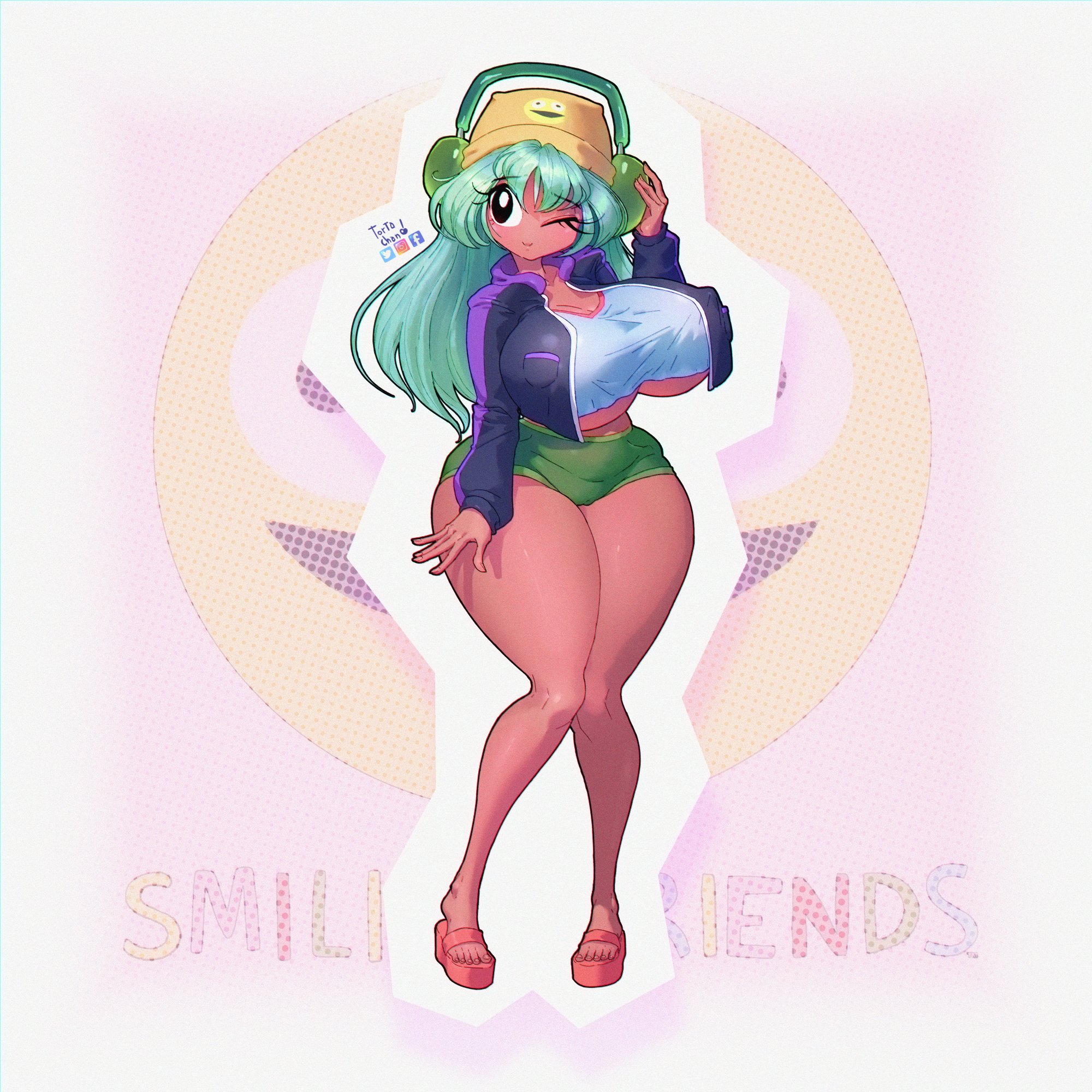 1girls, big boobs, big breasts, big thighs, blue hair, boobs, breasts, breasts out, brown skin, dark skin, dark-skinned female, dolly dimpley, female, female only, fupa, large breasts, large thighs, sandals, shorts, smiling friends, tortachan, underboob, voluptuous, voluptuous female