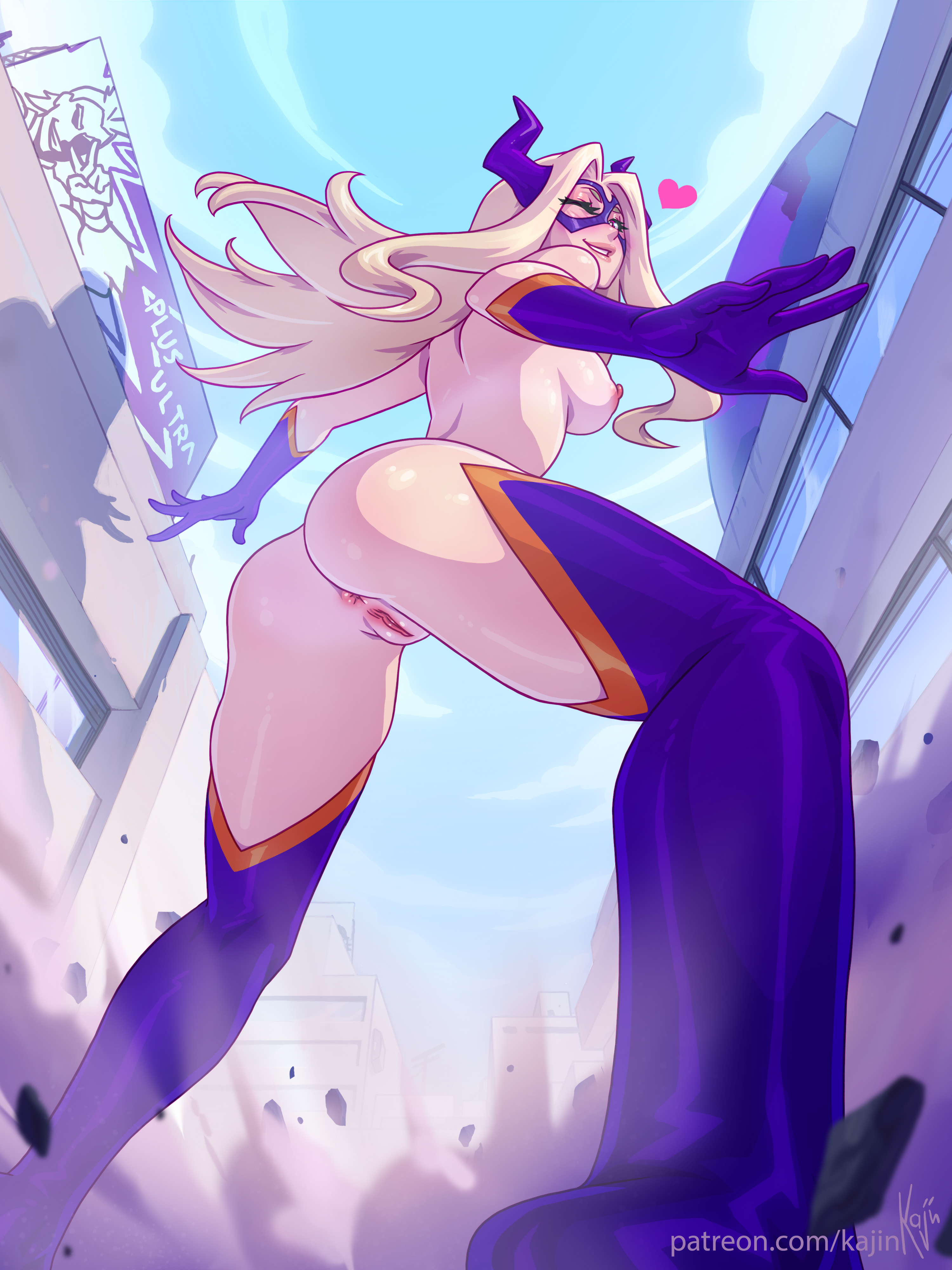 anus, artist name, ass, billboard, blonde hair, bodysuit, boku no hero academia, boots, breasts, building, cg, city, day, domino mask, elbow gloves, female, from behind, from below, giant, giantess, gloves, heart, horns, kajinman, large breasts, long hair, looking at viewer, looking back, looking down, mask, medium breasts, mount lady, my hero academia, nipples, nude, outdoors, parted lips, purple gloves, pussy, quirk (mha), sky, smile, solo, superhero, thigh boots, thighhighs, uncensored
