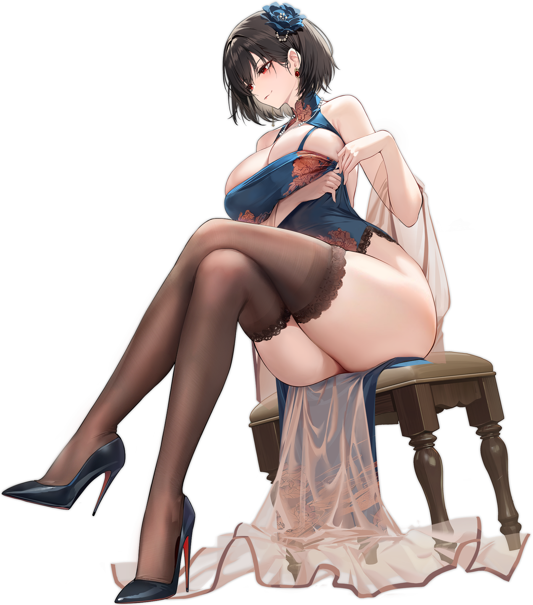 ass, azur lane, bare shoulders, black background, black footwear, black hair, black thighhighs, blue dress, blue flower, blush, breasts, brown thighhighs, cg, chair, chien wu (azur lane), chien wu (dressed for just tonight) (azur lane), china dress, chinese clothes, cleavage, cleavage cutout, closed mouth, clothing cutout, crossed legs, dress, earrings, female, flower, full body, hair flower, hair ornament, high heels, jewelry, large breasts, legs, looking down, mole under eye, official art, pelvic curtain, red eyes, rose, short hair, signature, simple background, sitting, sleeveless, sleeveless dress, smile, solo, thighhighs, thighs