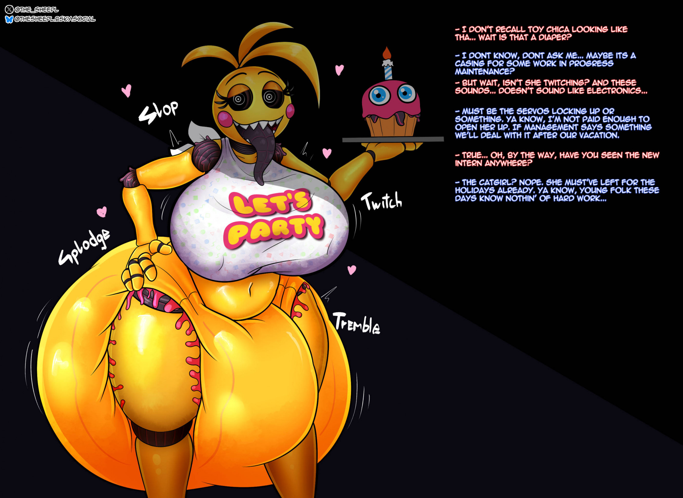 1girls, anthro, avian, big breasts, breasts, diaper, diaper suit, diaper under clothing, female, five nights at freddy's, five nights at freddy's 2, hyper breasts, scottgames, tentacle suit, thesheepl, toy chica (cosplay), toy chica (fnaf), transformation