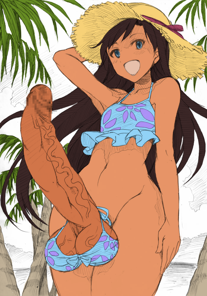 1futa ball_bra beach censored dickgirl edit futa_only futanari futanari_costume gekka_kaguya_(urabata) huge_cock intersex large_testicles photoshop small_but_hung solo swimsuit testicle_bra tincure