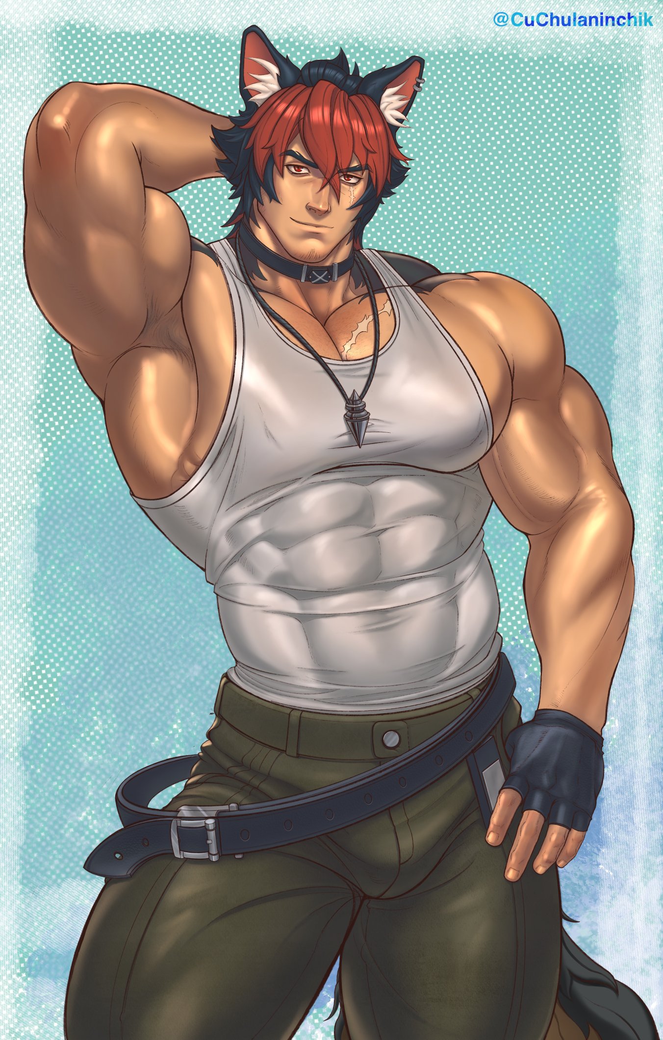 abs, bara, beard, belly button, belt, biceps, black hair, body hair, bulge, collar, cuchulaninchik, dog collar, fingerless gloves, flaccid, flexing, flexing bicep, gloves, hand behind head, kemonomimi, komano manato, looking at viewer, male, male only, muscular, muscular male, muscular thighs, nipple bulge, nipples, pecs, red hair, scar, shiny skin, smiling, solo, solo male, tank top, tight clothing, two-tone hair, vein, veins, wolf ears, wolf tail, yaoi, zenless zone zero