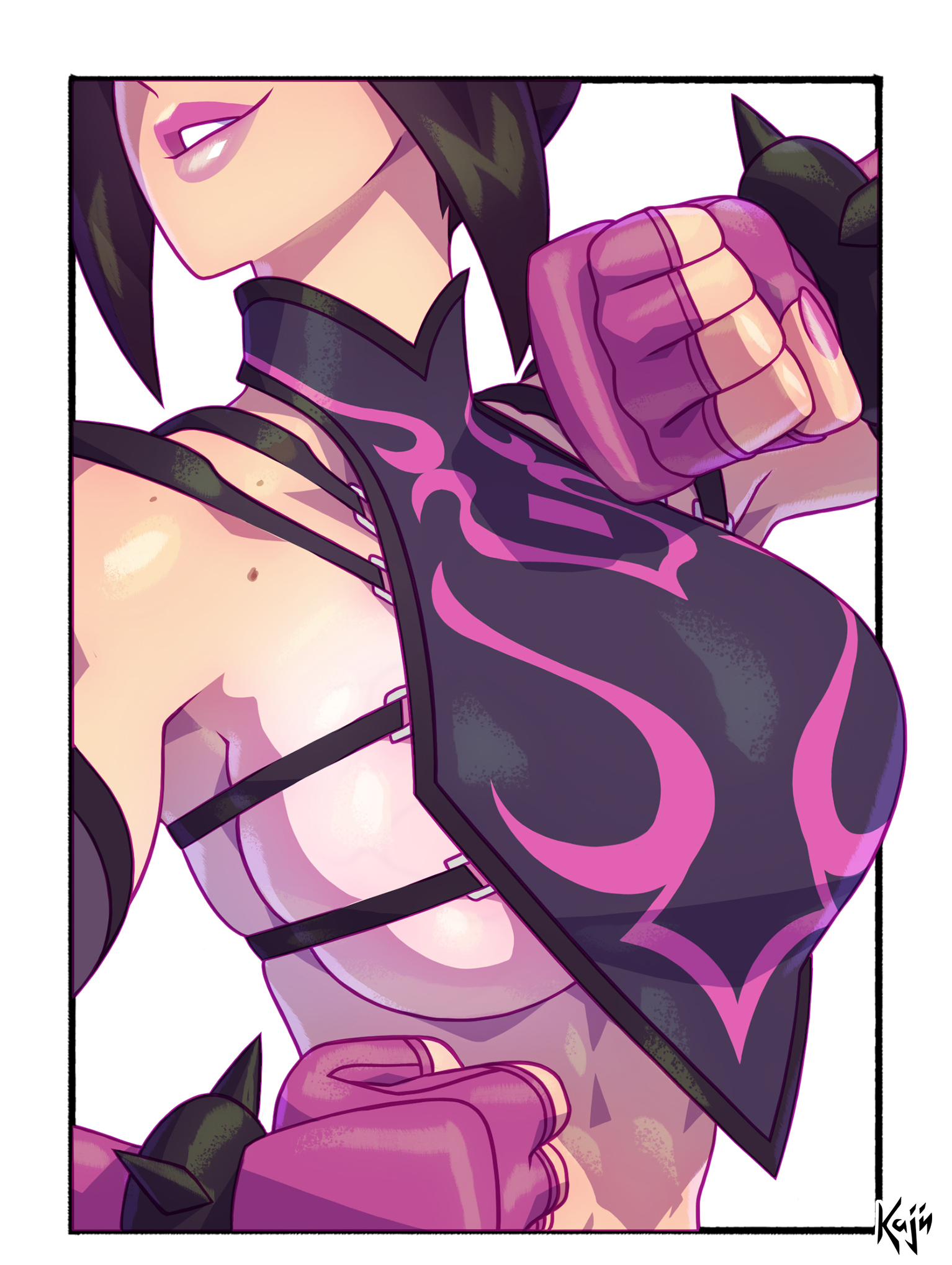 bare shoulders, black hair, border, bracelet, breasts, cg, chinese clothes, clenched hands, dudou, female, fingerless gloves, gloves, halterneck, head out of frame, jewelry, juri han, kajinman, large breasts, lips, nail polish, short hair, sideboob, simple background, smile, solo, spiked bracelet, spikes, street fighter, tagme, tan body, teeth, upper body, white background
