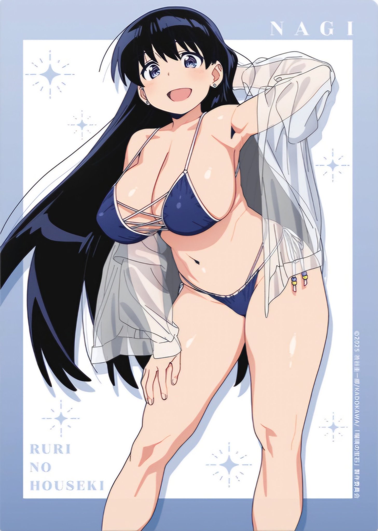 arato nagi, bikini, black hair, blue eyes, breasts, fujii shingo, hips, huge breasts, japanese text, large breasts, looking at viewer, navel, official art, open mouth, ruri no houseki, text, thick thighs, thighs, tummy