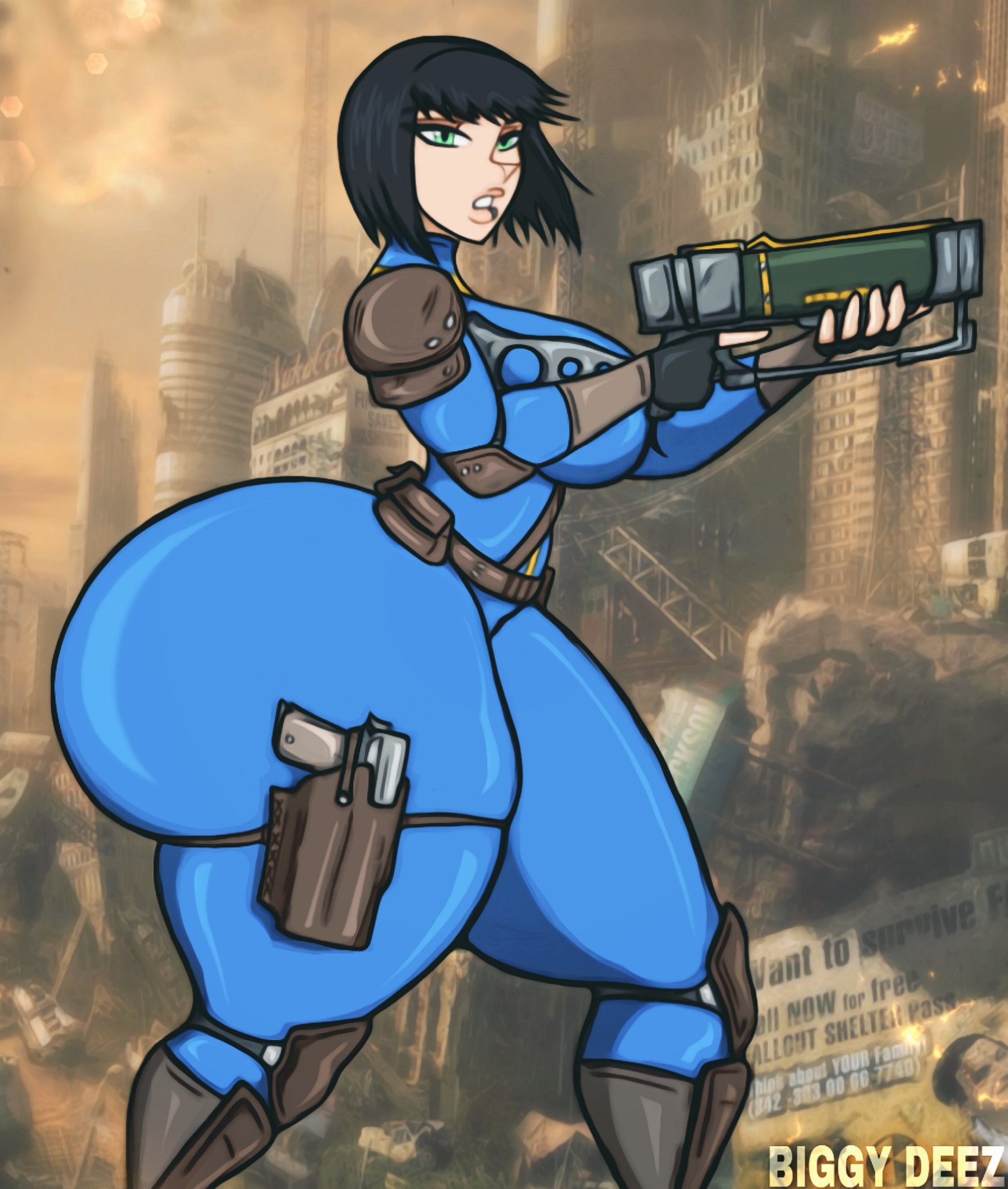 10mm pistol, 1girls, 2025, artist name, biggy deez, fallout, female, female only, gun, guns, huge ass, human, jumpsuit, laser rifle, leather armor, solo, solo female, vault dweller, vault girl, vault meat, vault suit, weapon, weapons