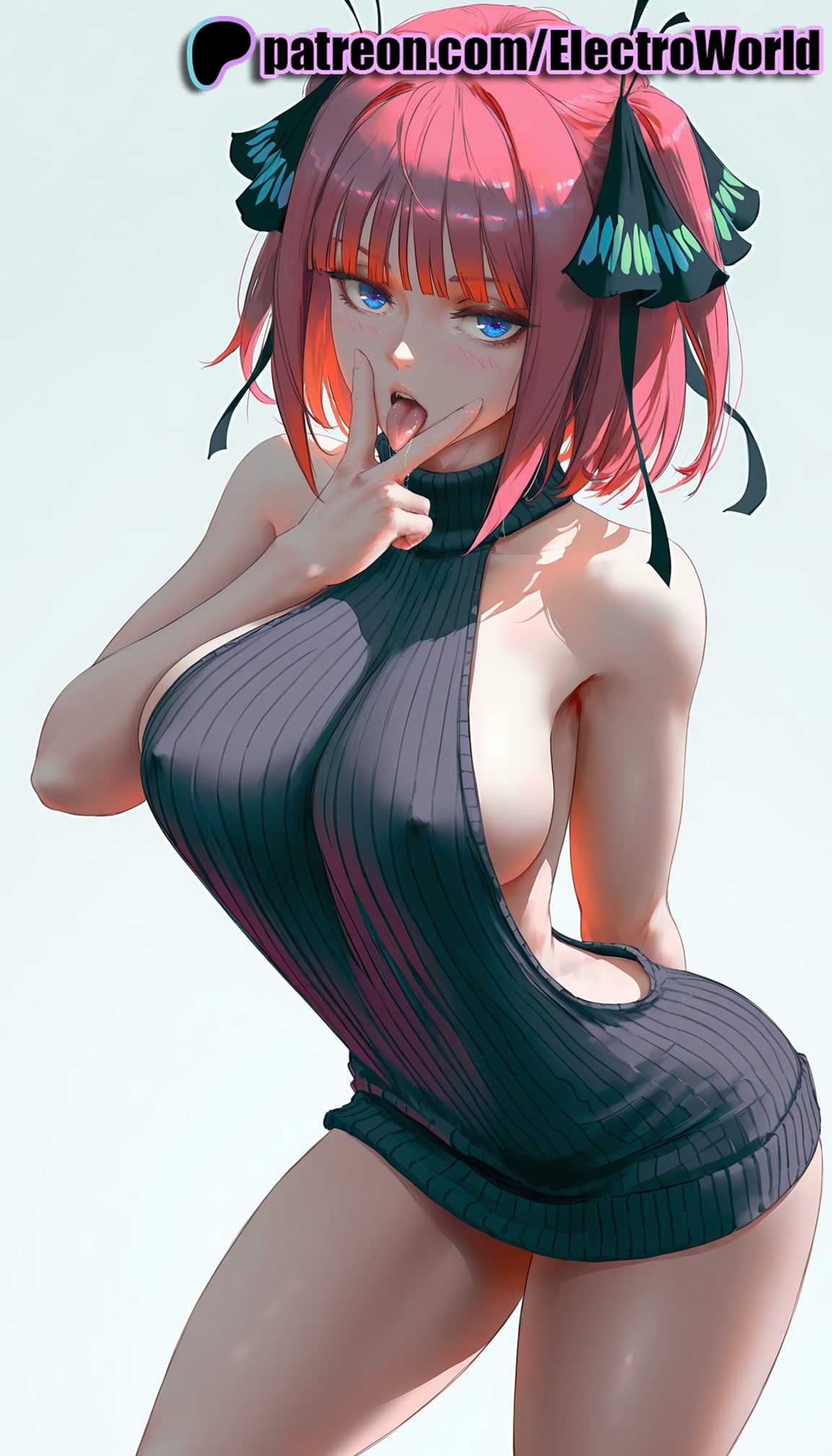 1girls, 2025, ai generated, artist name, bangs, bare shoulders, big breasts, big chest, blue eyes, blunt bangs, blush, breasts, bust, busty, chest, cowboy shot, dress, electroworld, female, go-toubun no hanayome, gradient, gradient background, hair ornament, hair ribbon, halterneck, hi res, high quality, high resolution, highres, large breasts, looking at viewer, meme attire, nakano nino, naked sweater, patreon, patreon username, ribbed sweater, ribbon, short hair, solo, stable diffusion, sweater, sweater dress, turtleneck sweater, virgin killer sweater, watermark