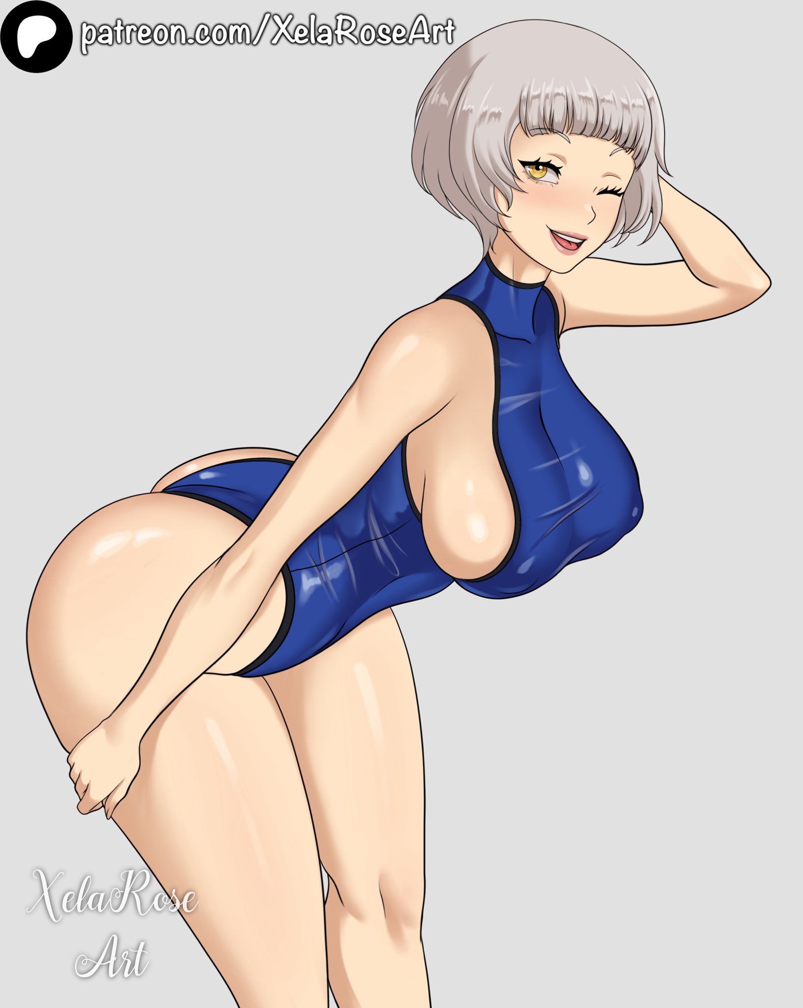 1girls, ass, atlus, bent forward, big ass, big breasts, blue swimsuit, breasts, elizabeth (persona), female, female only, hair, hand behind head, hand on thigh, lips, one eye closed, persona, persona 3, short hair, smile, solo, solo female, swimsuit, swimwear, thighs, white hair, xelaroseart, yellow eyes