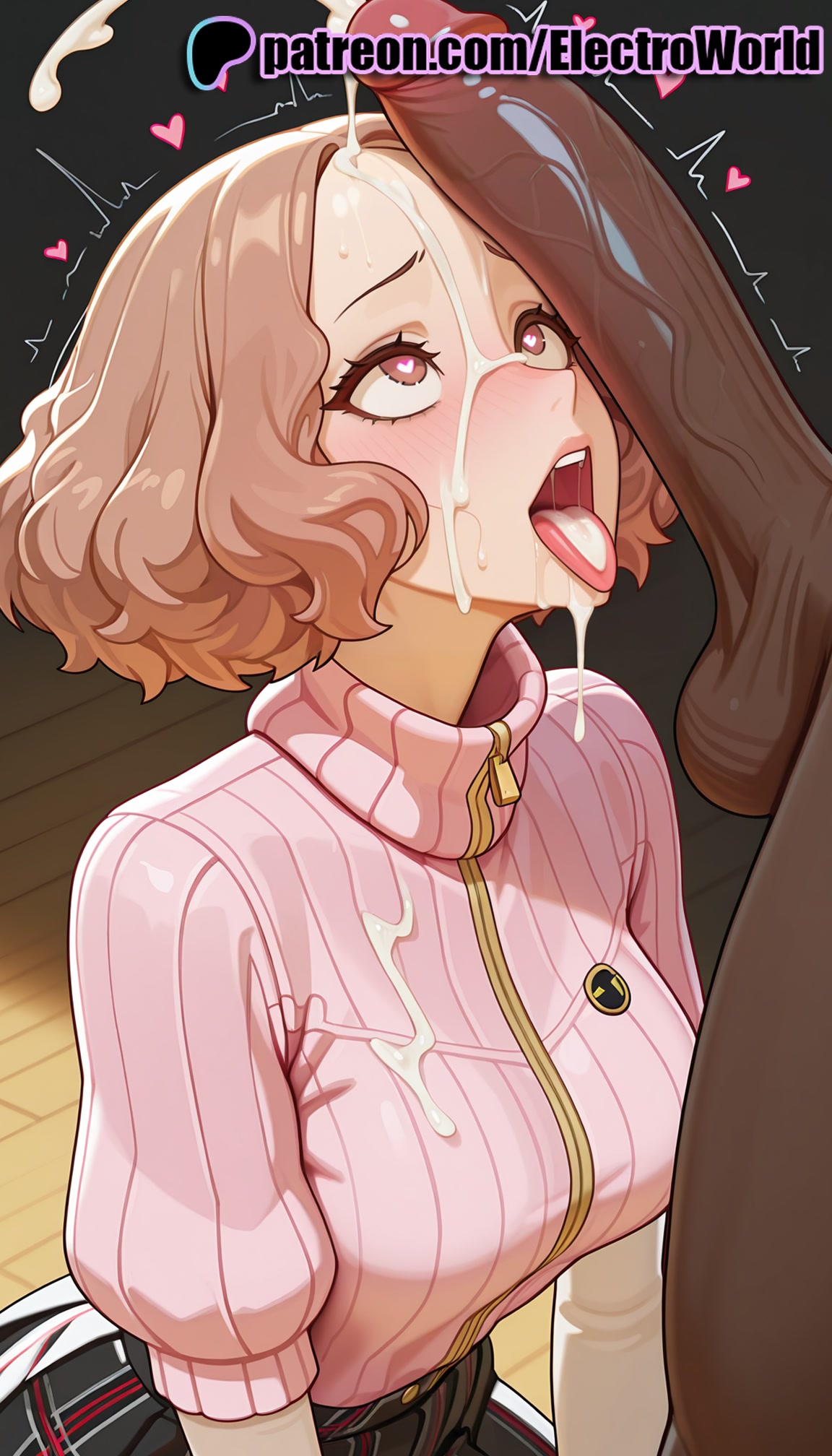 1boy, 1girls, 2025, after fellatio, ai generated, artist name, breasts, brown eyes, brown hair, bukkake, bust, chest, clothed female nude male, cock, cum, cum in mouth, cum on body, cum on breasts, cum on clothes, cum on hair, cum on tongue, dark-skinned male, dick, ejaculation, electroworld, english text, facial, female, haru okumura, heart, heart-shaped pupils, hi res, high quality, high resolution, highres, interracial, male, nude, open mouth, patreon, patreon username, penis, persona, persona 5, pink sweater, ribbed shirt, ribbed sweater, stable diffusion, straight, sweater, symbol-shaped pupils, tongue, tongue out, turtleneck, uncensored, watermark