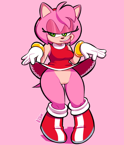 amy_rose autobum bottomless breasts grin hedgehog pink_fur pussy red_boots skirt_lift smile sonic_(series) tan_fur tongue tongue_out upskirt