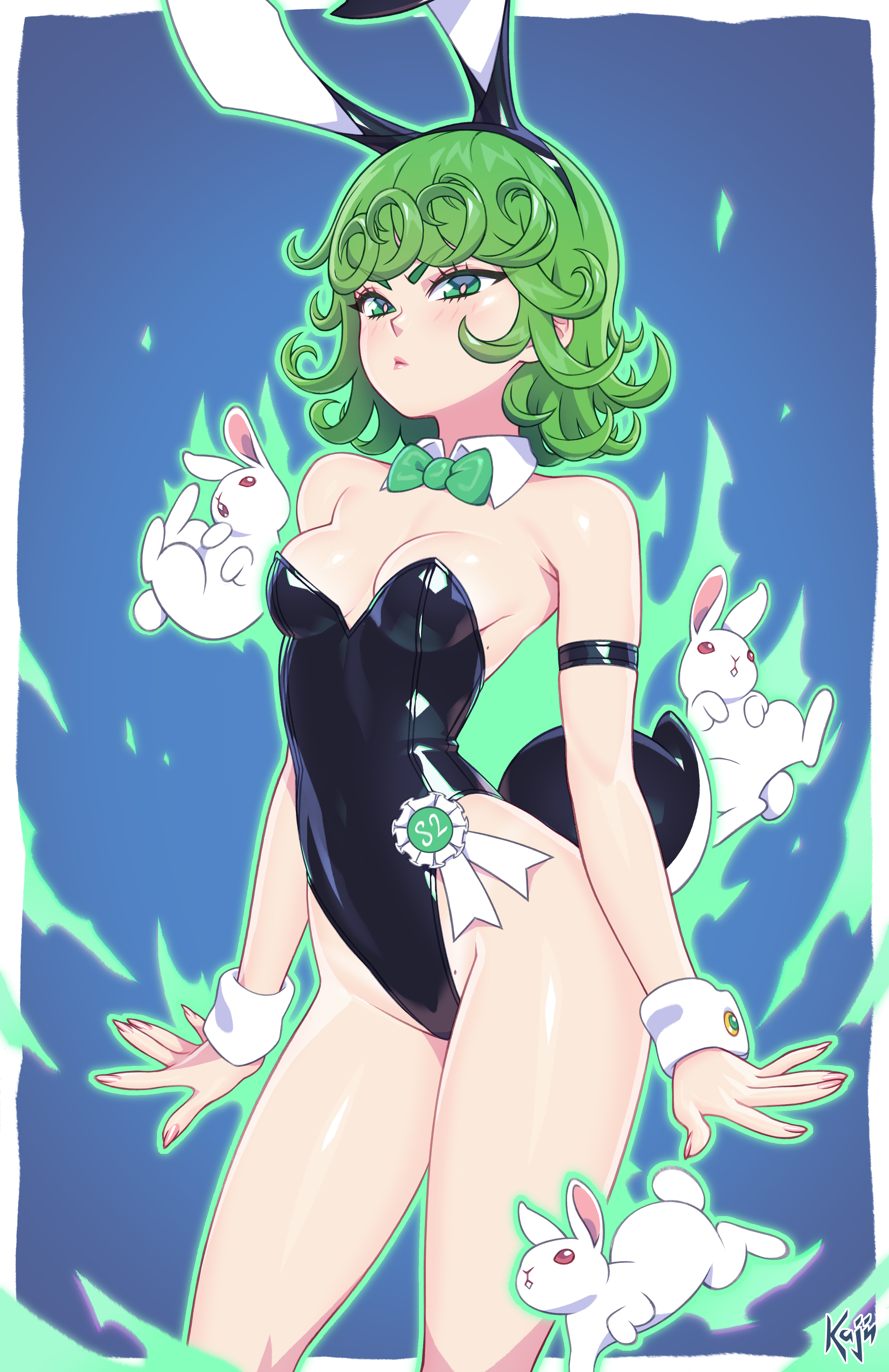 animal ears, artist name, aura, bare legs, bare shoulders, black leotard, blue background, border, bow, bowtie, breasts, cg, cowboy shot, curly hair, detached collar, fake animal ears, female, green bow, green bowtie, green eyes, green hair, highleg, highleg leotard, kajinman, leotard, looking at viewer, one-punch man, playboy bunny, rabbit, rabbit ears, rabbit tail, short hair, small breasts, solo, strapless, strapless leotard, tail, tatsumaki, white border, wrist cuffs