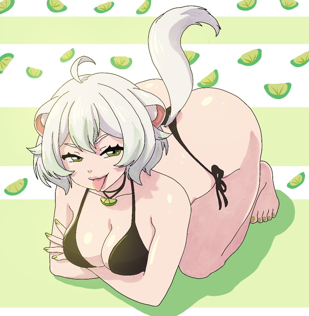 1girls, ahoge, animal ears, ass, ass up, big ass, big butt, bikini, black bikini, breasts, cleavage, female, ferret, ferret girl, green eyes, indie virtual youtuber, laimu, large ass, large breasts, lime, lipstick, looking at viewer, necklace, painted fingernails, painted nails, painted toenails, shiny skin, short hair, smug, solo, tail, tanukisan9997, teasing, thighs, thong, tongue out, virtual youtuber, vtuber, white hair, wide hips