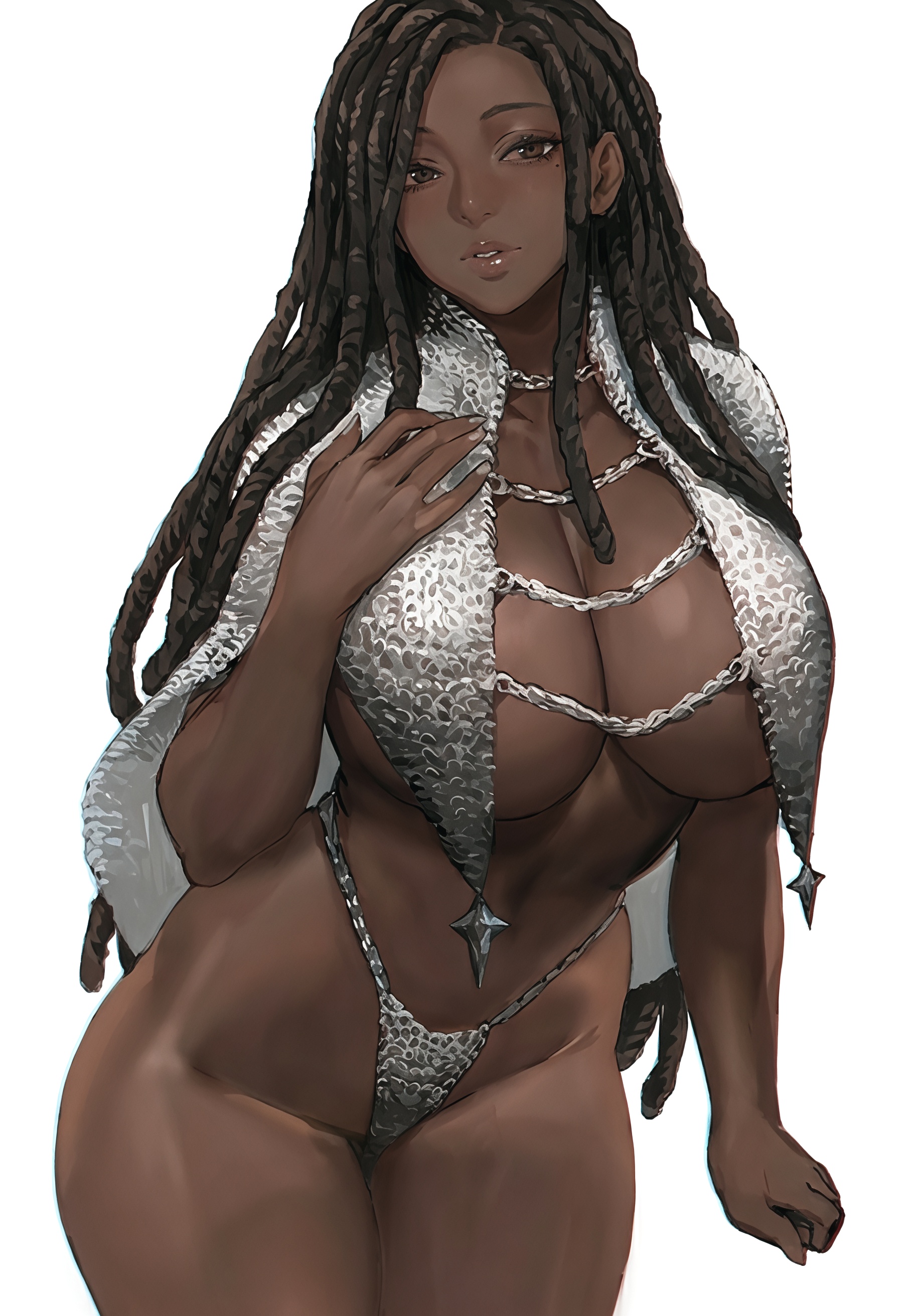 1girls, african female, ai generated, big breasts, black woman, brown eyes, brown hair, cleavage, dark skin, dark-skinned female, dreadlocks, female, female only, hand on chest, huge breasts, inner sideboob, long hair, looking at viewer, original, original character, solo, solo female, thick, thick lips, thick thighs, thighs, thong