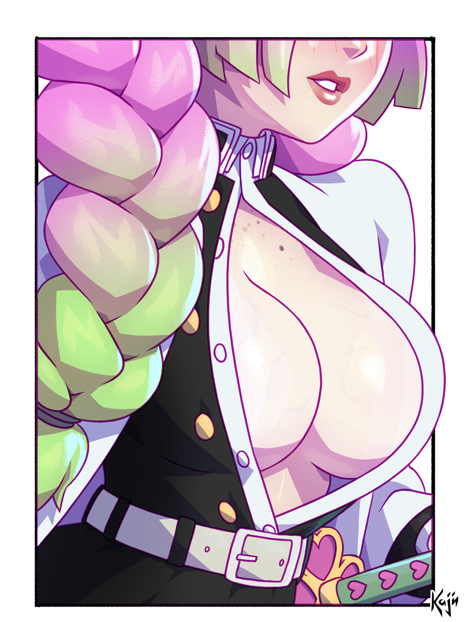 1girls, belt, border, braid, breast focus, breasts, cg, cleavage, demon slayer, demon slayer uniform, female, gradient hair, green hair, head out of frame, jacket, japanese clothes, kajinman, kanroji mitsuri, katana, kimetsu no yaiba, large breasts, lips, long hair, mole, multicolored hair, no bra, open clothes, parted lips, pink hair, pink-haired female, solo, sword, upper body, veins, weapon, white belt