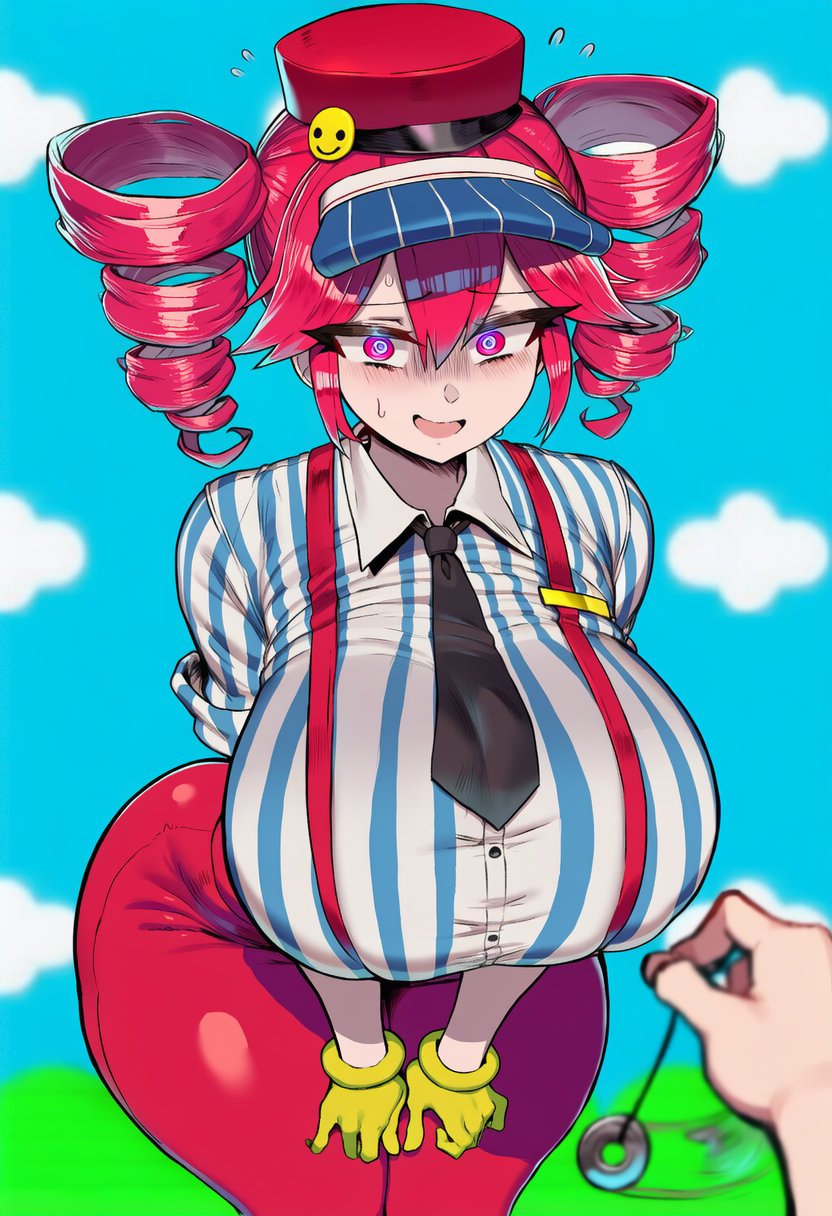 1girls, ai generated, ai virelune (yi), ass, ass visible from the front, barely contained, bending forward, bending over, big ass, big breasts, big thighs, blouse, breasts, breasts bigger than head, clothed, clothed female, clothing, curvaceous, curvy, curvy female, curvy figure, eyelashes, female, fully clothed, gigantic ass, gigantic breasts, gloves, hat, hips wider than shoulders, huge ass, huge breasts, huge thighs, hyper, hyper ass, hyper breasts, hypnosis, hypnotic eyes, kasane teto, kasane teto (sv), large ass, large breasts, large thighs, leaning forward, long eyelashes, massive ass, massive breasts, massive thighs, mesmerizer (vocaloid), mesmerizer teto, mv character, necktie, nervous, nervous smile, open mouth, pants, pendulum, plump, plump breasts, plump thighs, red eyes, red hair, simple background, skin tight, skindentation, suspenders, sweat, sweating, synthesizer v, thick thighs, thighs, tight clothing, tight pants, twin drills, utau, venus body, voluptuous, voluptuous female, wide hips