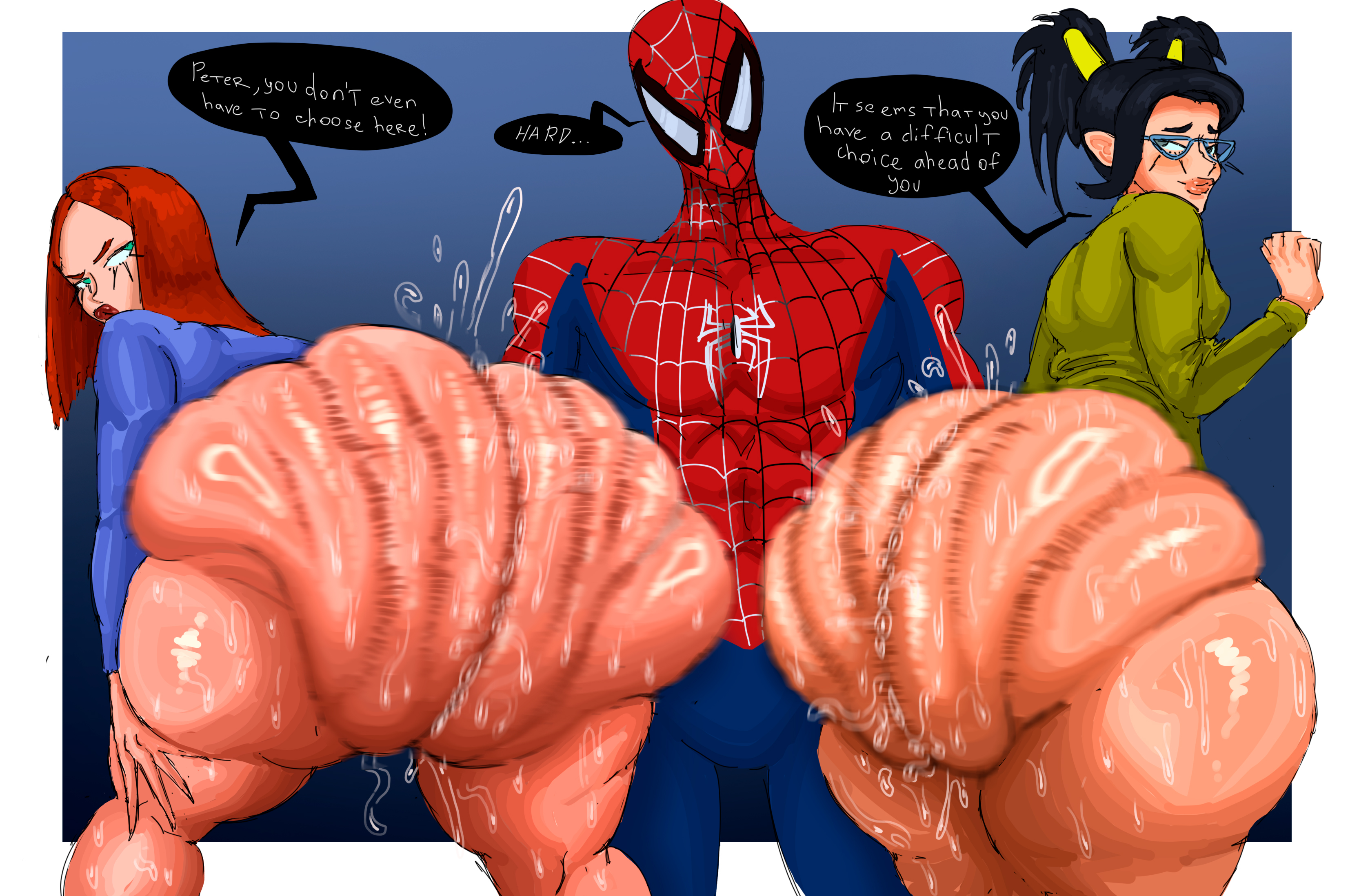1boy, 2girls, adych, ass, ass bigger than head, ass bigger than torso, ass clapping, bent over, big ass, black hair, bottom heavy, bottomless, bubble butt, clapping cheeks, clothing, dialogue, english text, fat ass, female, glasses, huge ass, hyper, hyper ass, indira daimonji, large ass, long sleeves, looking at ass, male, marvel, marvel comics, mary jane watson, mary jane watson (the new animated series), massive ass, motion blur, motion lines, peter parker, red hair, rippling ass, shirt, showing off, showing off ass, spider-man, spider-man (series), spider-man: the new animated series, sweat, sweatdrop, sweaty ass, sweaty body, take your pick, text, thick ass, thick thighs, thunder thighs, twerking, unseen male face, watching, wide hips