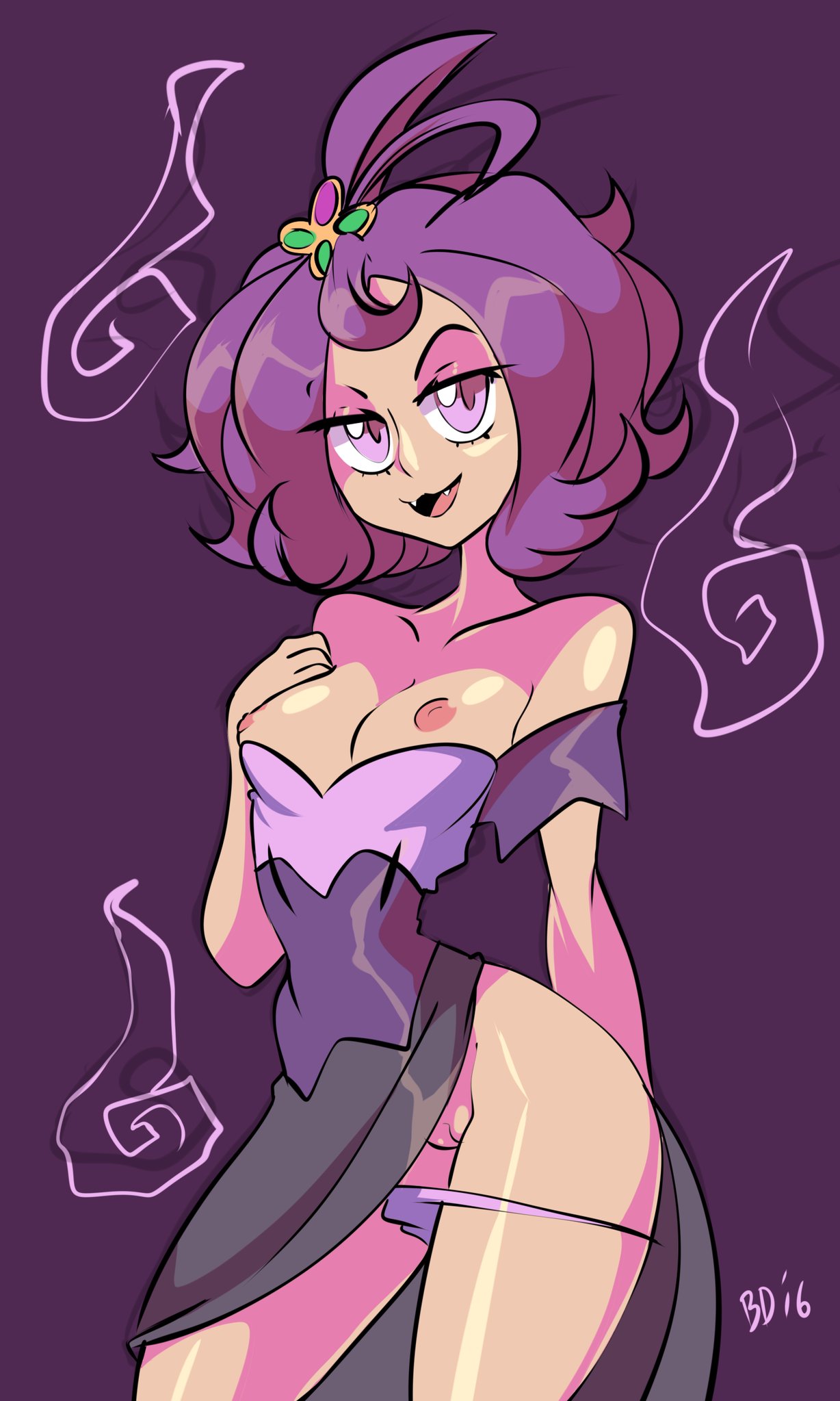 1girls, acerola (pokemon), areolae, bare shoulders, bigdeadalive, bottomless, bottomless skirt, breasts, curvy, dress, elite four, eyelashes, female, hair ornament, half-closed eyes, human, looking at viewer, naughty face, nintendo, nipples, panties, pokemon, pokemon sm, purple background, purple eyes, purple hair, pussy, shiny skin, short hair, skirt, small breasts, smile, solo, standing, sweat, text, thong, thong down, trial captain, upskirt