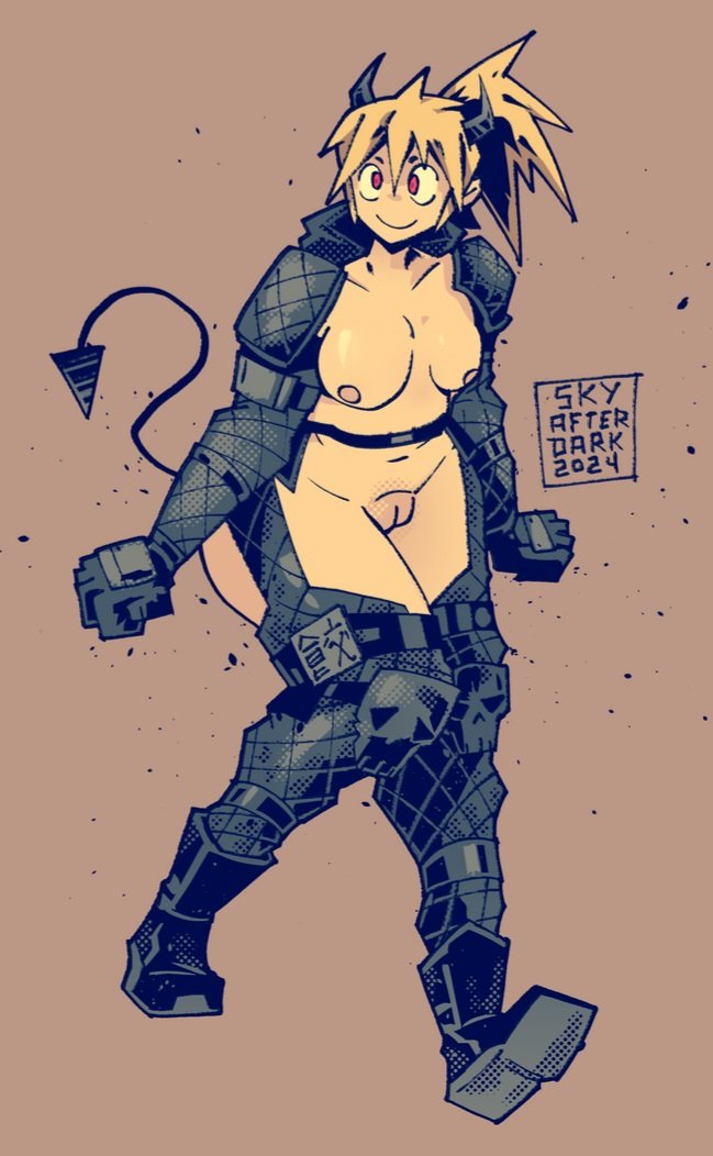 1girls, big breasts, blonde female, blonde hair, blonde-haired female, breasts, devil horns, devil tail, dorohedoro, female, female only, functionally nude, functionally nude female, looking at viewer, naked footwear, nikaidou (dorohedoro), nipples, nude, nude female, pussy, red eyes, skyafterdark, solo, solo female, tagme, tail