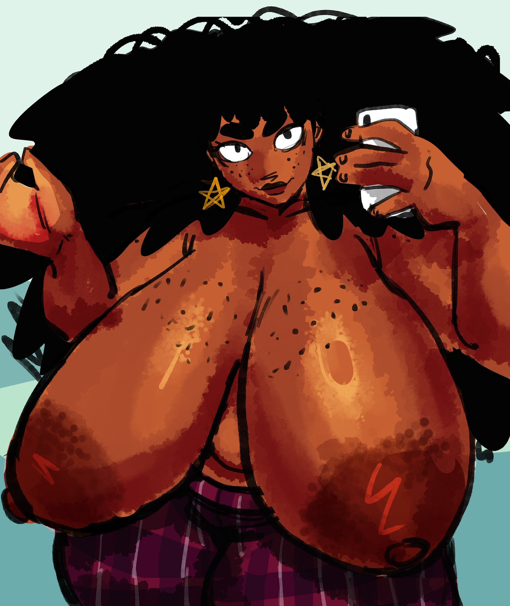bbw, breasts, dark-skinned female, female, females only, freckles, freckles on breasts, freckles on face, huge areolae, huge breasts, original character, sagging breasts, selfie, simple background, smartphone, tentecreul, thick eyebrows, topless, topless female, venus body, voluptuous, winona (hentae)