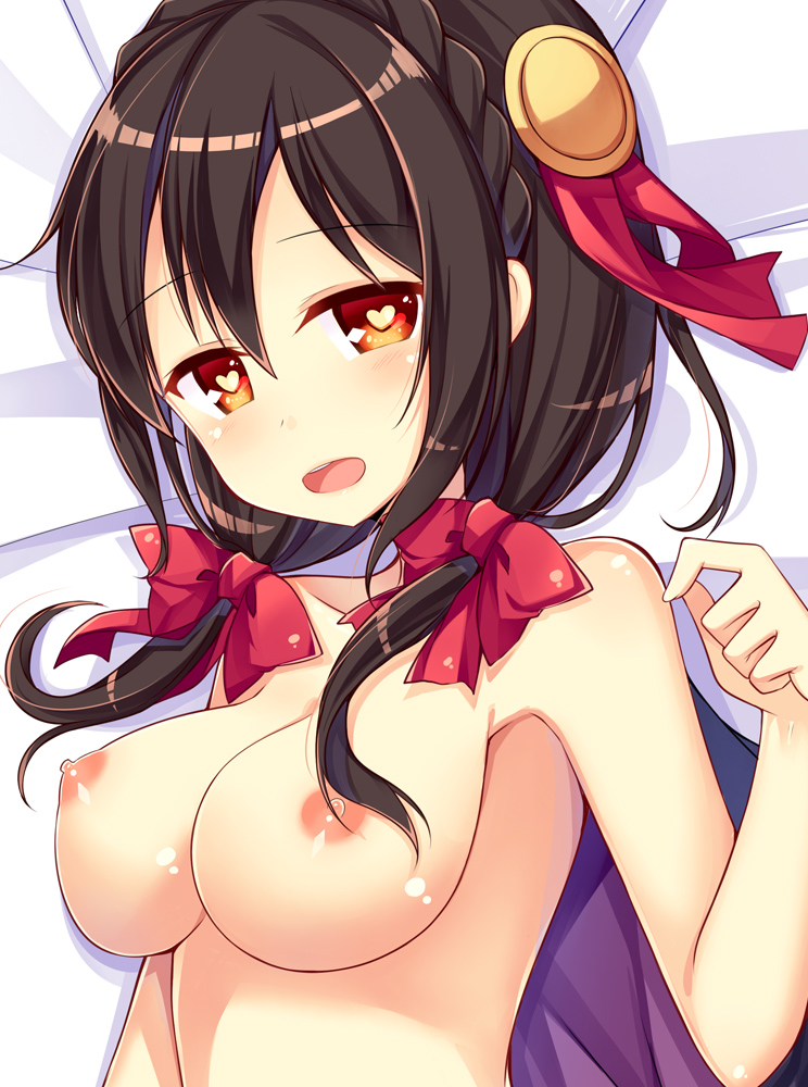 amemiya ruki, black hair, braid, breasts, crown braid, female, hair ornament, hair ribbon, heart, heart-shaped pupils, kono subarashii sekai ni shukufuku wo!, large breasts, long hair, nipples, nude, open mouth, red eyes, red ribbon, ribbon, solo, symbol-shaped pupils, tied hair, twintails, yunyun (konosuba)