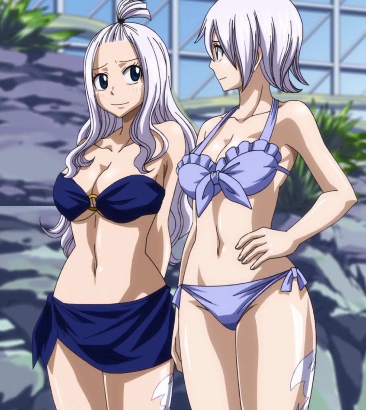 2girls, big breasts, bikini, blue eyes, breasts, fairy tail, fairy tail mark, female, leg tattoo, legs, lisanna strauss, mirajane strauss, screencap, screenshot, sisters, smile, tattoo, white hair, white tattoo, white-haired female