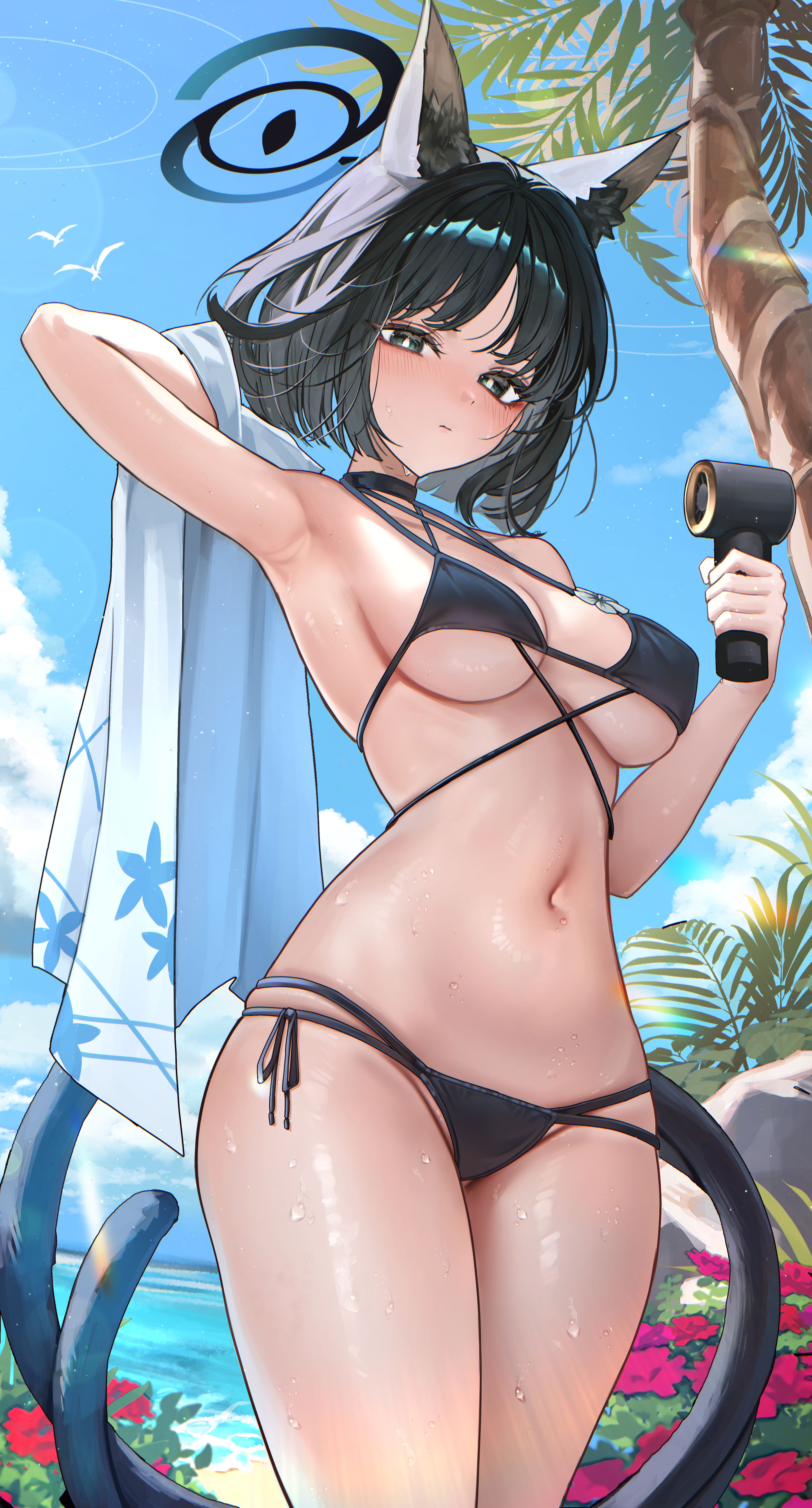 2 tails, absurdres, adapted costume, animal ears, arm up, armpits, bakeneko, bikini, black bikini, black hair, black tail, blue archive, blue halo, blue sky, blue tail, breasts, bubble99, cat ears, cat girl, cat tail, commentary request, criss-cross straps, female, female only, gradient tail, halo, hand fan, handheld electric fan, haori, highres, holding, holding fan, japanese clothes, kikyou (blue archive), kikyou (swimsuit) (blue archive), korean commentary, looking at viewer, medium breasts, multi tail, multi-strapped bikini bottom, multi-strapped bikini top, navel, official alternate costume, official alternate hairstyle, outdoors, palm tree, short hair, side-tie bikini bottom, sideboob, sky, solo, stomach, swimsuit, tail, thighs, tree, underboob, v-shaped eyebrows, white haori
