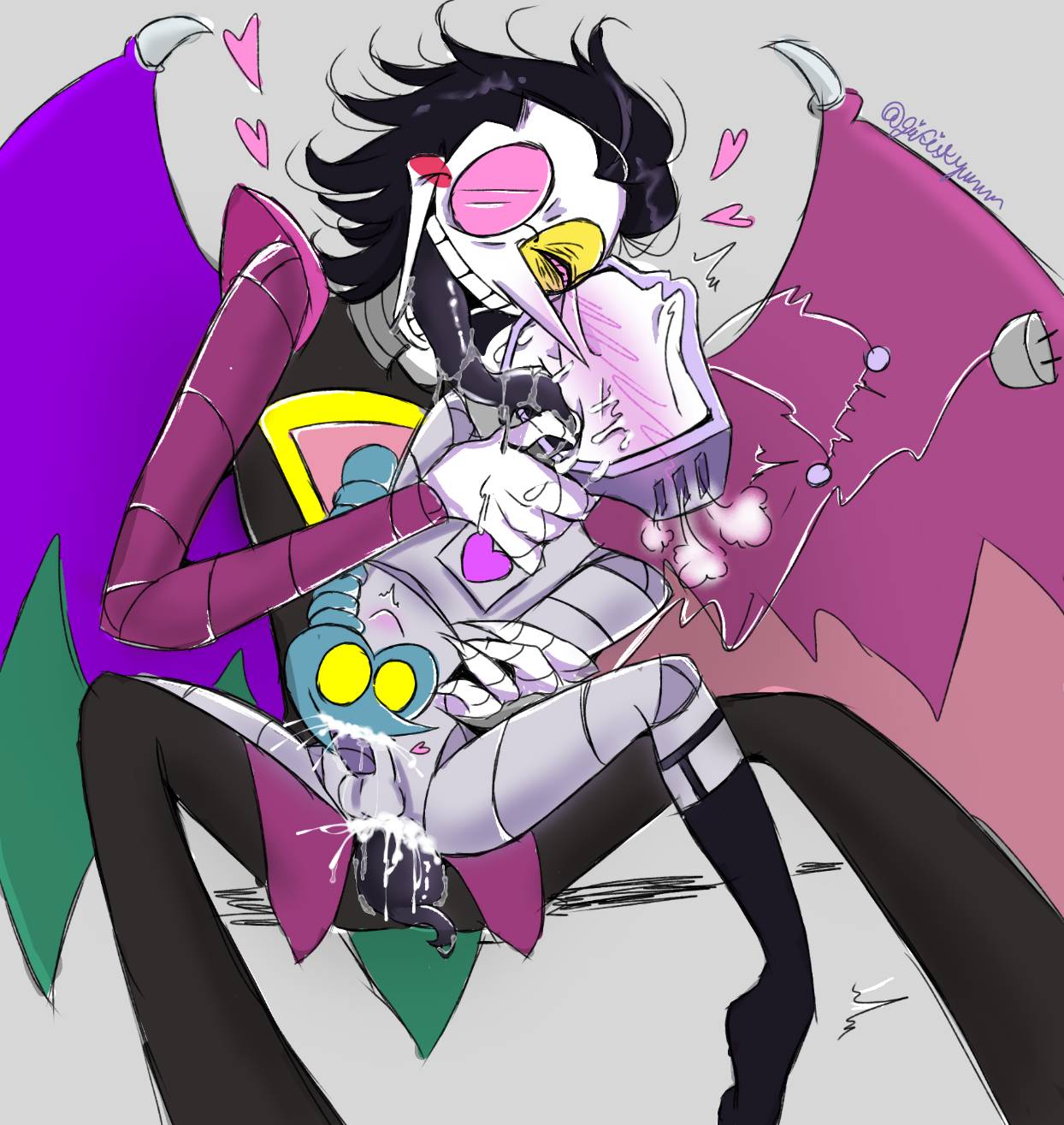 2boys, anal, blowjob, cum in ass, cum in pussy, cum inside, deltarune, female, french kiss, gay male, gay sex, male, non-human, non-human penis, overstimulation, penis, pussy, robot, spamtenna, spamton g spamton, spamton neo, tenna (deltarune), tentacle penis, tentacle sex, tongue in mouth, tv head, twitching