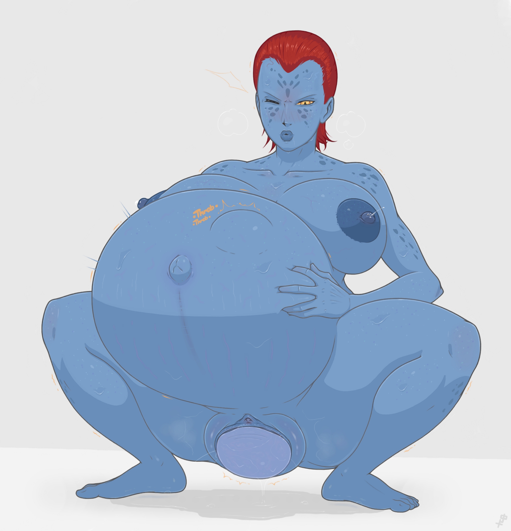 1girls, areolae, big belly, big breasts, birth, breasts, crowning, egg laying, female, female only, fetal movement, fugasvbashnyu, huge belly, lactation, large breasts, linea nigra, marvel, marvel comics, mystique, nipples, nude, nude female, pregnant, pussy, raven darkholme, ready to pop, solo, spread legs, squatting, stretch marks, stretching pussy, x-men, x-men (movie series), yellow eyes