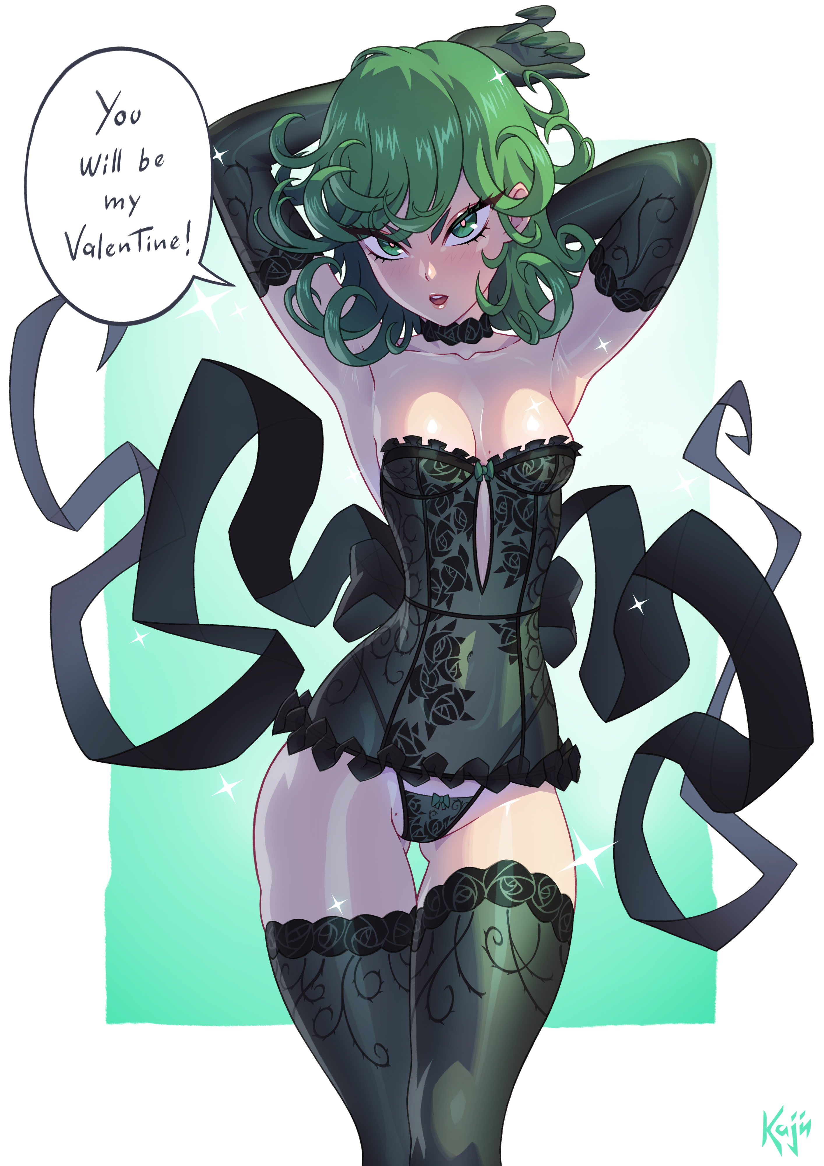 armpits, arms behind head, arms up, artist name, ass visible through thighs, black gloves, black panties, black thighhighs, blush, bow, breasts, cg, choker, cleavage, collarbone, curly hair, elbow gloves, english text, female, gloves, green eyes, green hair, kajinman, lingerie, looking at viewer, medium breasts, medium hair, one-punch man, open mouth, panties, see-through, short hair, small breasts, solo, speech bubble, tatsumaki, thigh gap, thighhighs, thighs, underwear