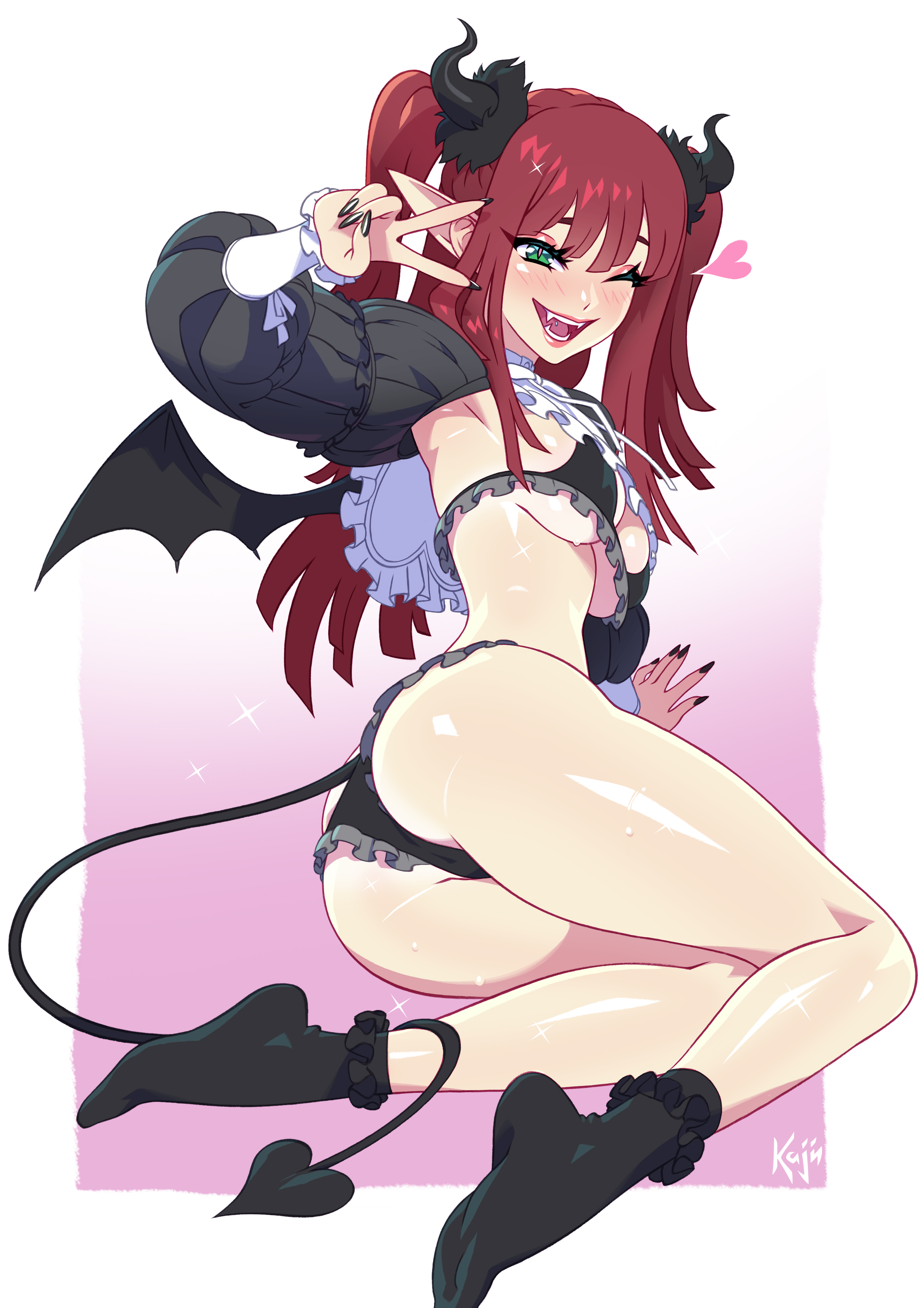 ass, bikini, black bikini, black nails, black panties, black socks, blush, breasts, cg, cosplay, demon girl, demon horns, demon tail, demon wings, fangs, female, fingernails, frilled bikini, frilled panties, frills, green eyes, heart, horns, kajinman, kitagawa marin, long hair, looking at viewer, medium breasts, nail polish, one eye closed, open mouth, panties, pointy ears, red hair, rizu-kyun (cosplay), shiny skin, smile, socks, solo, sono bisque doll wa koi wo suru, swimsuit, tail, teeth, twintails, two side up, underboob, underwear, v, wings