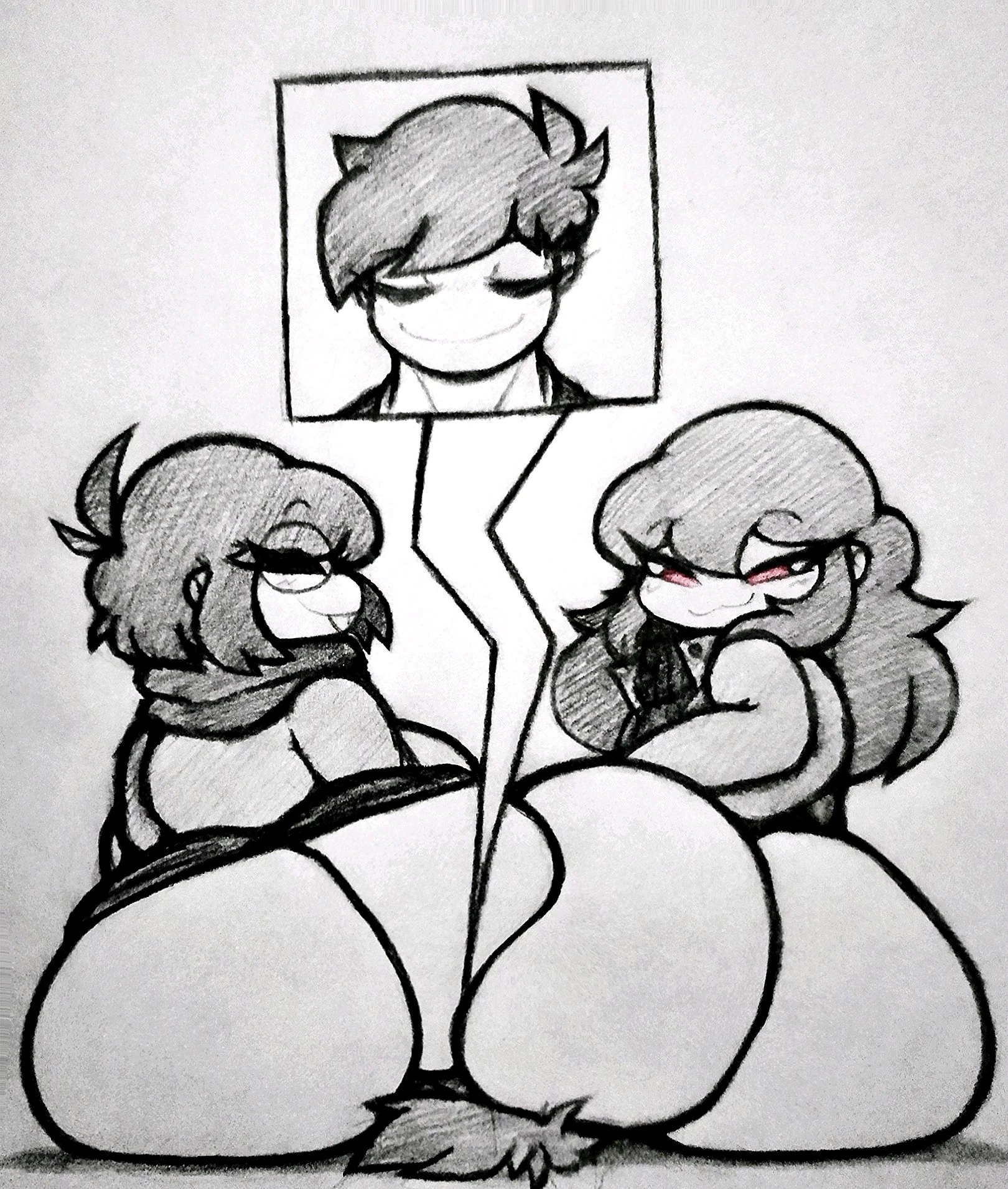 1boy, 1femboy, 2girls, ahoge, big ass, black hair, boss (thelittlenerdys), facesitting, fat ass, female, femboy, glasses, grey scales, long sleeves, luna (thelittlenerdys), male, meme reference, monochrome, motivee (thelittlenerdys), nerd, nerdy, nerdy female, partially clothed, pencil (artwork), rand0m 293, red eyes, scarf, short hair, shortstack, sitting on face, sitting on person, tomboy, traditional media (artwork), turtleneck, twitter user sona, wife and wife