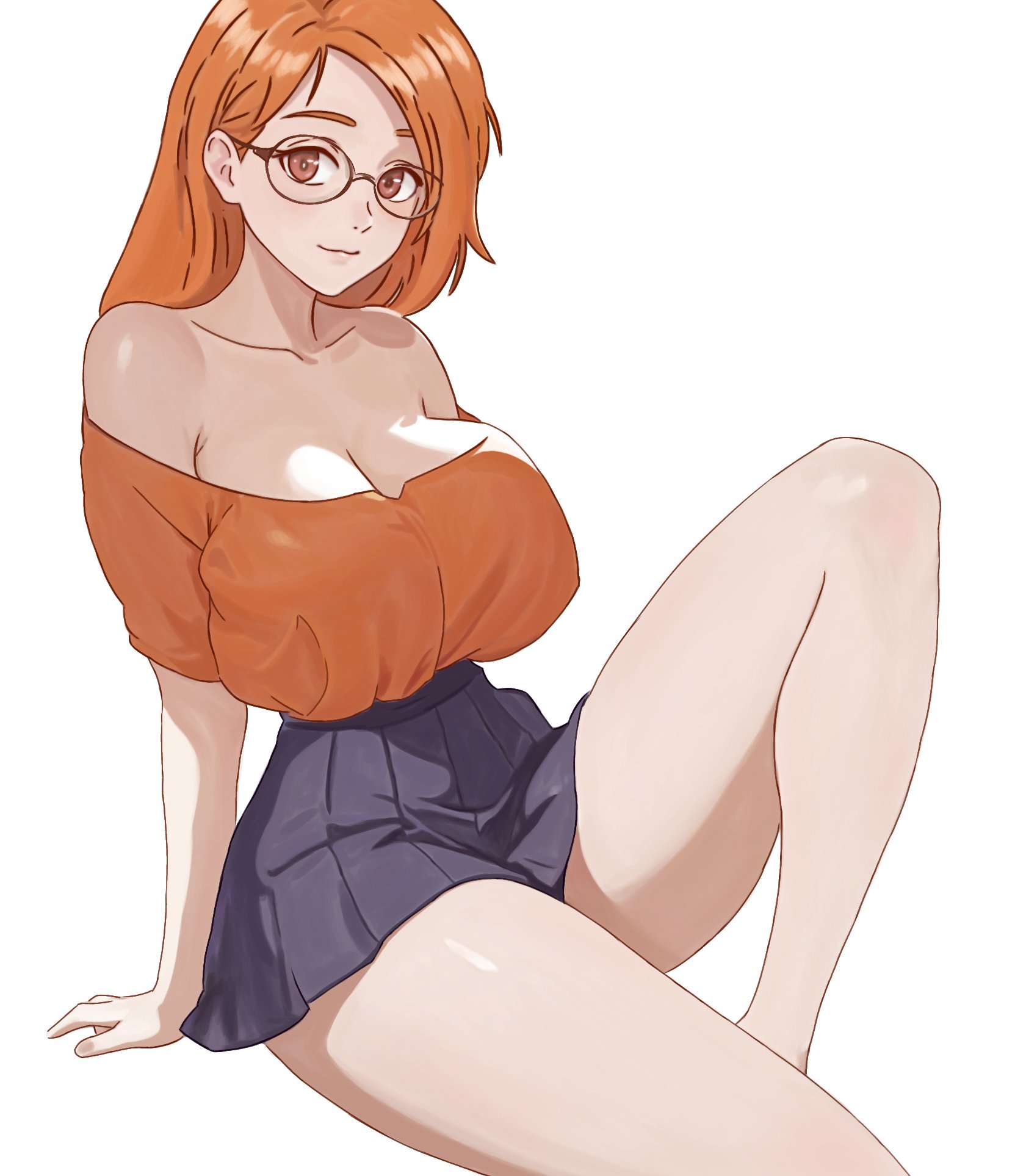 ai, ai assisted, ai generated, arm support, bare shoulders, bleach, breasts, cleavage, closed mouth, commentary, english commentary, female, glasses, hair behind ear, heyy vivii, highres, huge breasts, inoue orihime, long hair, looking at viewer, off shoulder, off-shoulder shirt, orange hair, orange shirt, pleated skirt, shirt, simple background, sitting, skirt, solo, white background